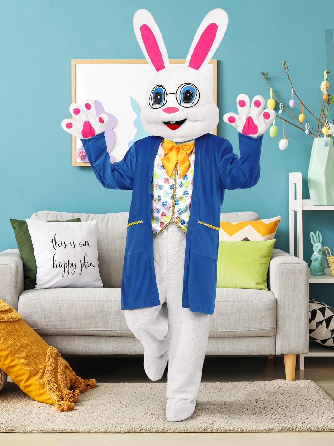 SOMSOC 7 Pieces Easter Bunny Costume Adult Mascot Suit White Rabbit Costume One Piece Suit Waistcoat Shoes Bowtie for Adults - Image 7