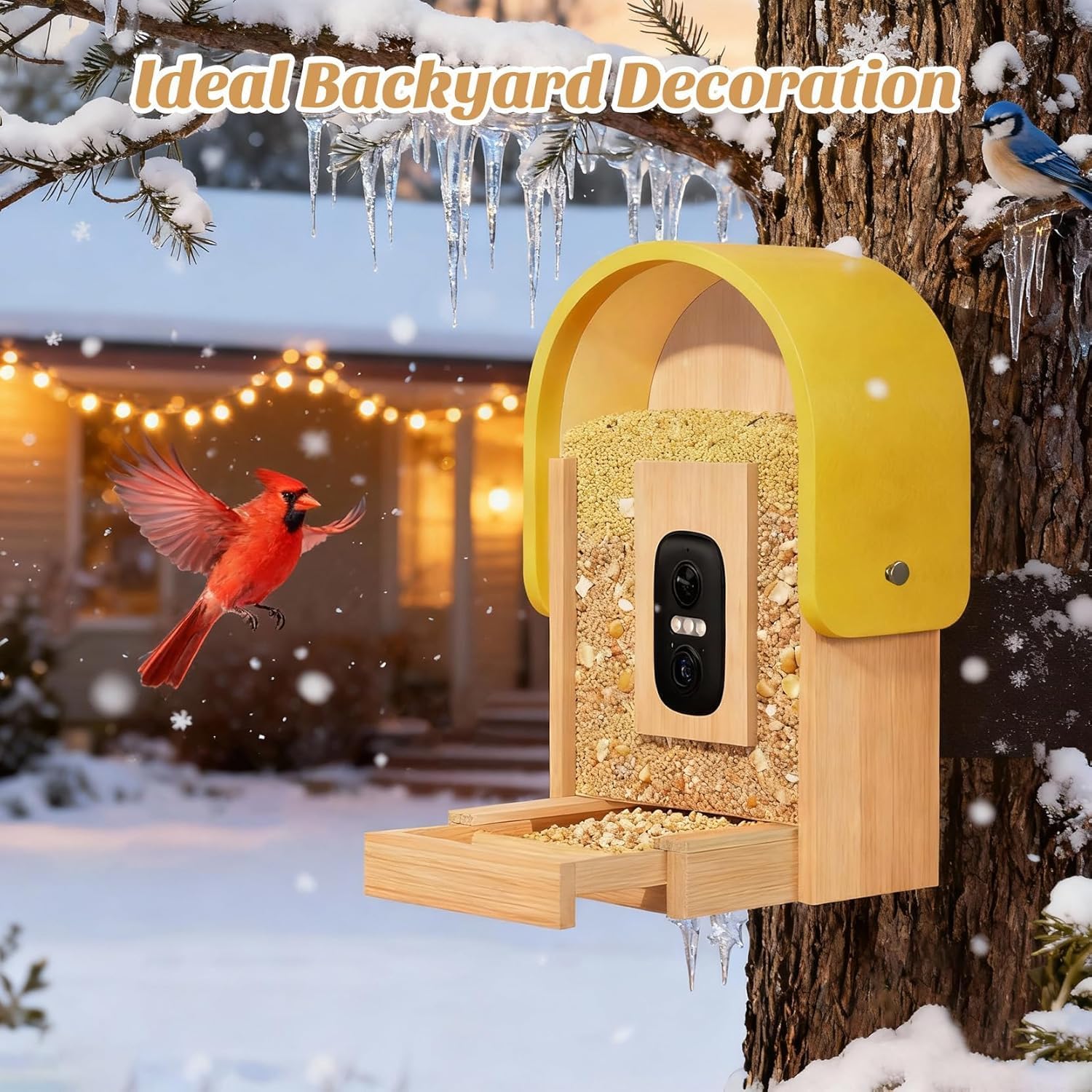 Smart Bird Feeder with Camera Solar Powered, Upgraded 2.7L Smart Camera Bird Feeder Al Identify for 16000 Plus Species,Auto Capture & Real-time Notifications,Ideal Gift for BirdLovers (Round Roof) Bamboo 2.7L