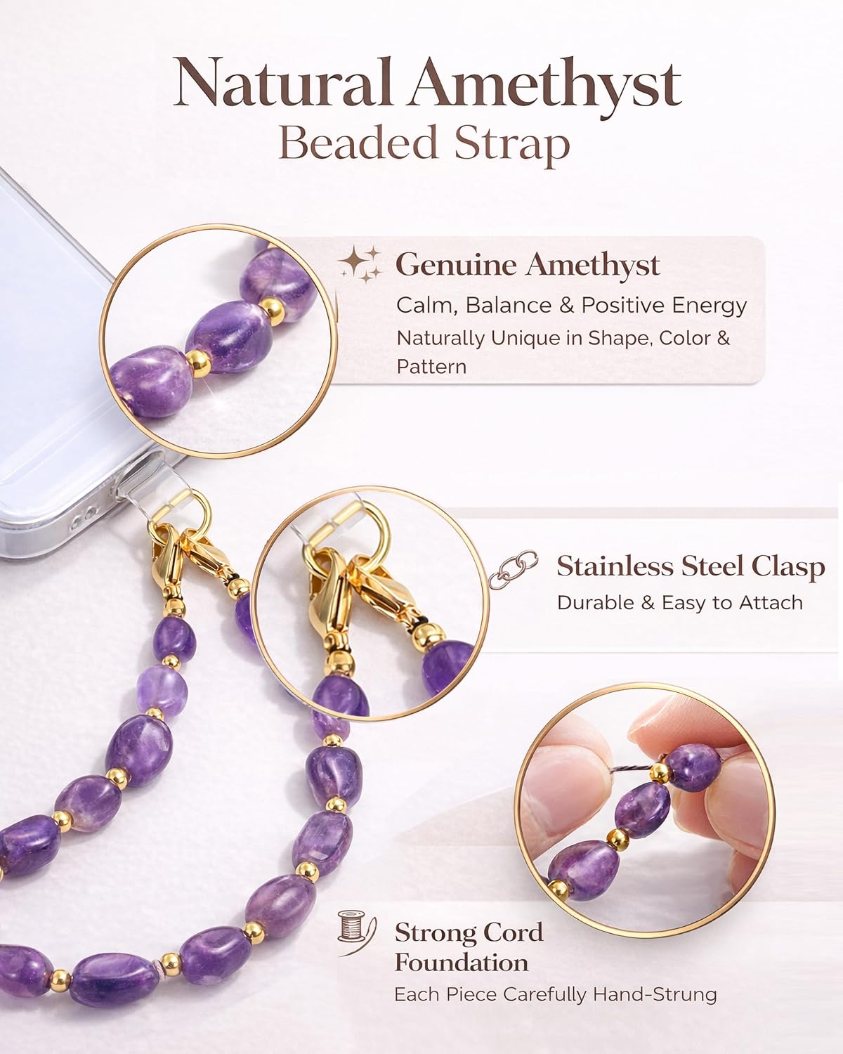 Genuine Gemstone Beaded Phone Charm Wrist Strap, Natural Chakra Stone Lanyard Wristlet Chain, Elegant Hands-Free Bracelet Strap for iPhone & More Cell Phone Cases image 2