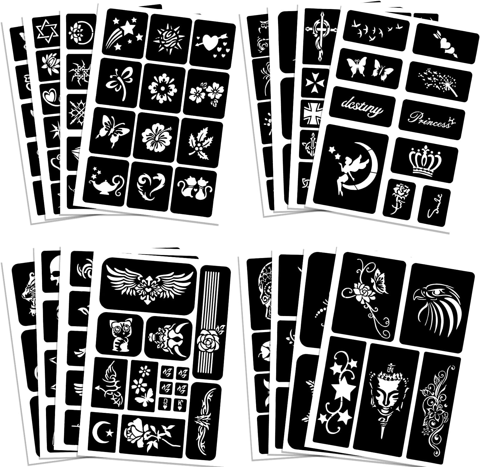 Qpout Tattoo Stencils For Kids Adults, 16 Sheets Henna Tattoo Stencil Kit, Small and Big Tattoo Stencils Designs, Tattoo Stencil for Real Tattoos, Skeleton Spider Owl Flower Butterfly Tribal Totem