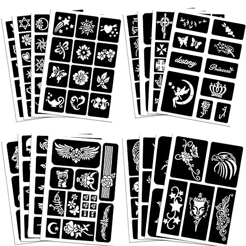 Plantillas de tatuaje para niños y adultos – Kit de 16 hojas de henna con diseños pequeños y grandes para tatuajes reales – esqueleto, araña, búho,