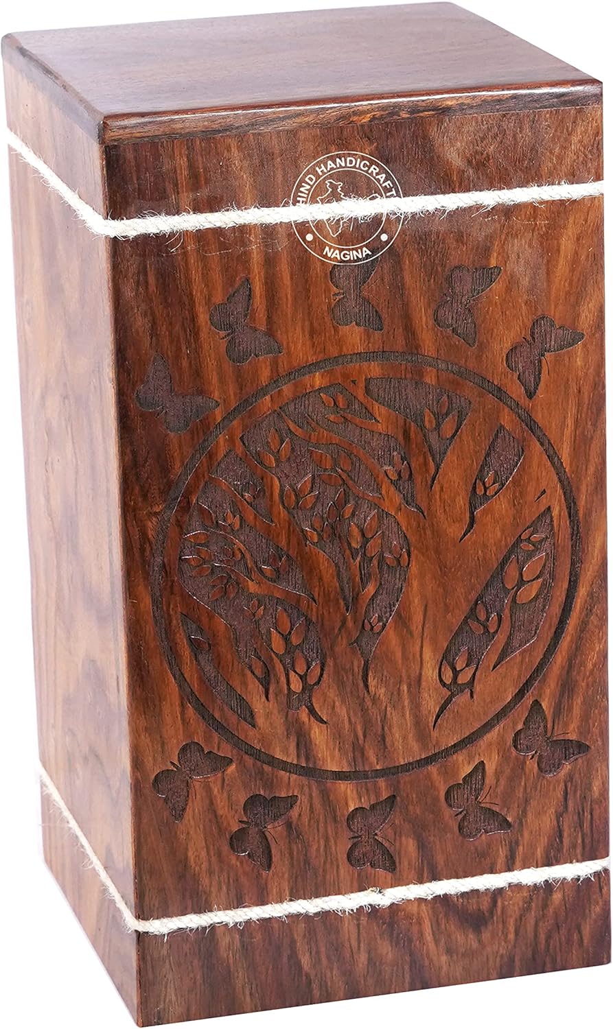 Handcrafted Old Tree of Life Wooden Urns for Human Ashes Adult Large - Butterfly Cremation Urn for Ashes - Burial Urn for Columbarium - Funeral Urn Box (250 LB - Rosewood, Bark Roots)