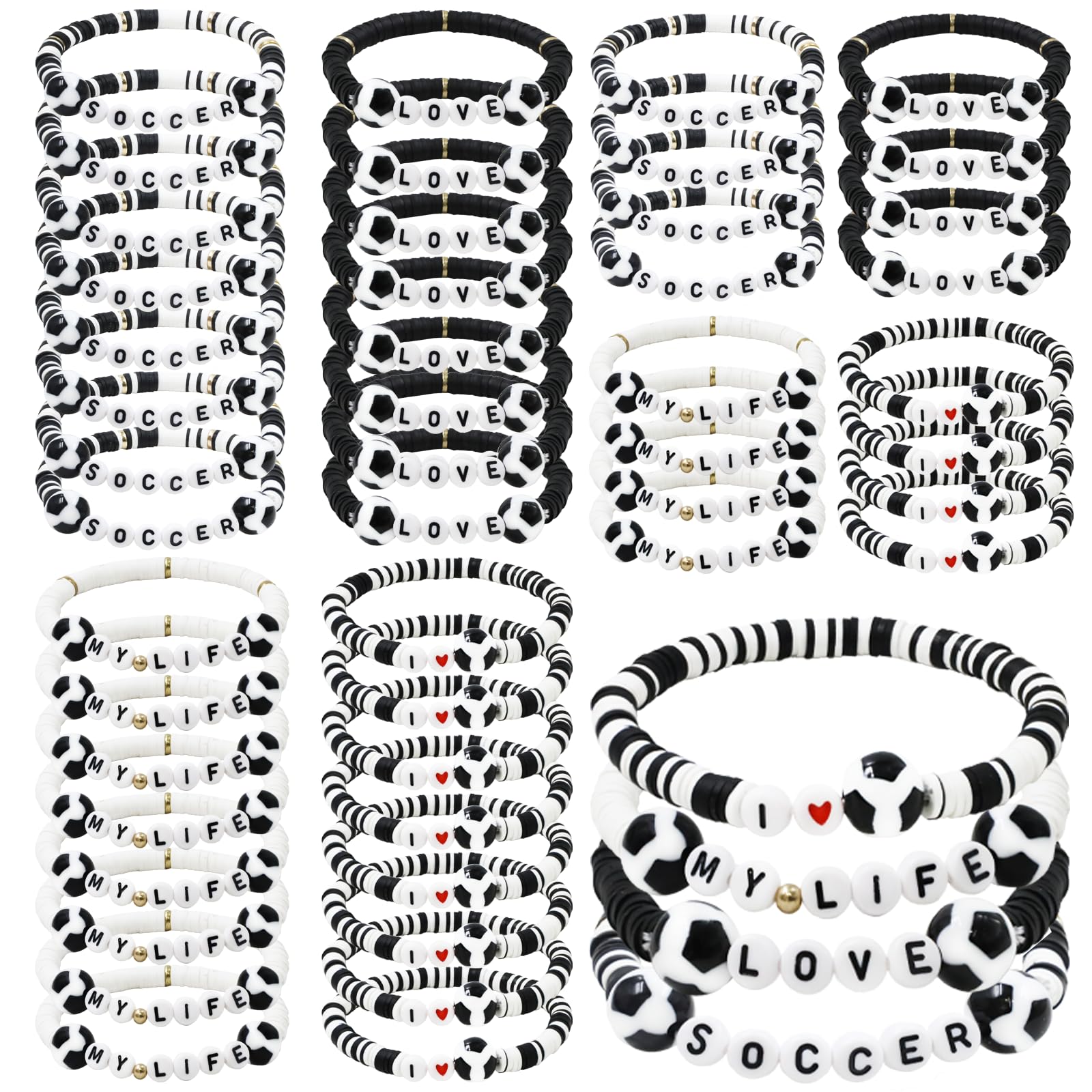 yesaior 48pcs Sports Charm Bracelets, Soccer Softball Basketball Player Gifts Beaded Ball Adjustable Clay Bracelets Jewelry Sports Gifts Supplies for Teen Adults (Soccer1)