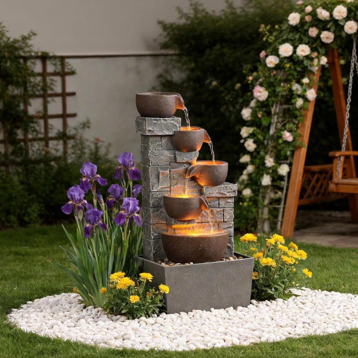 Large Outdoor Fountain Resin 5-Tier Rustic Pot Garden Water Feature with LED Lights, Cascading Waterfall Soothing Sound for Backyard, Patio, Lawn, Porch Decor