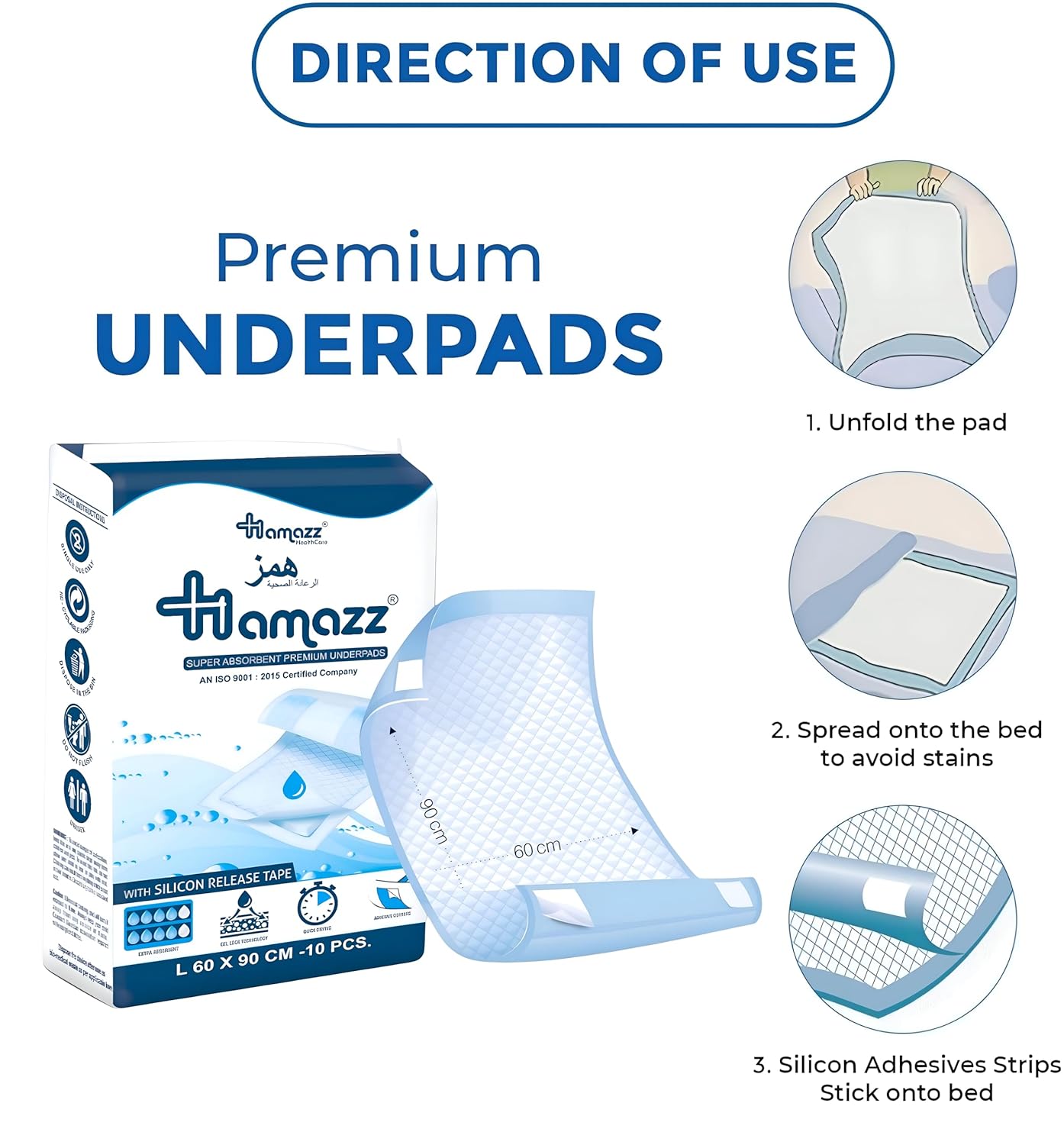 Surzimed premium disposable underpad by HAMAZZ Healthcare, large 60 x 90 cm, 100 count. Super exploitative polymer | Soft surface for children and adults. 4-Curner adhesive silicone release tape