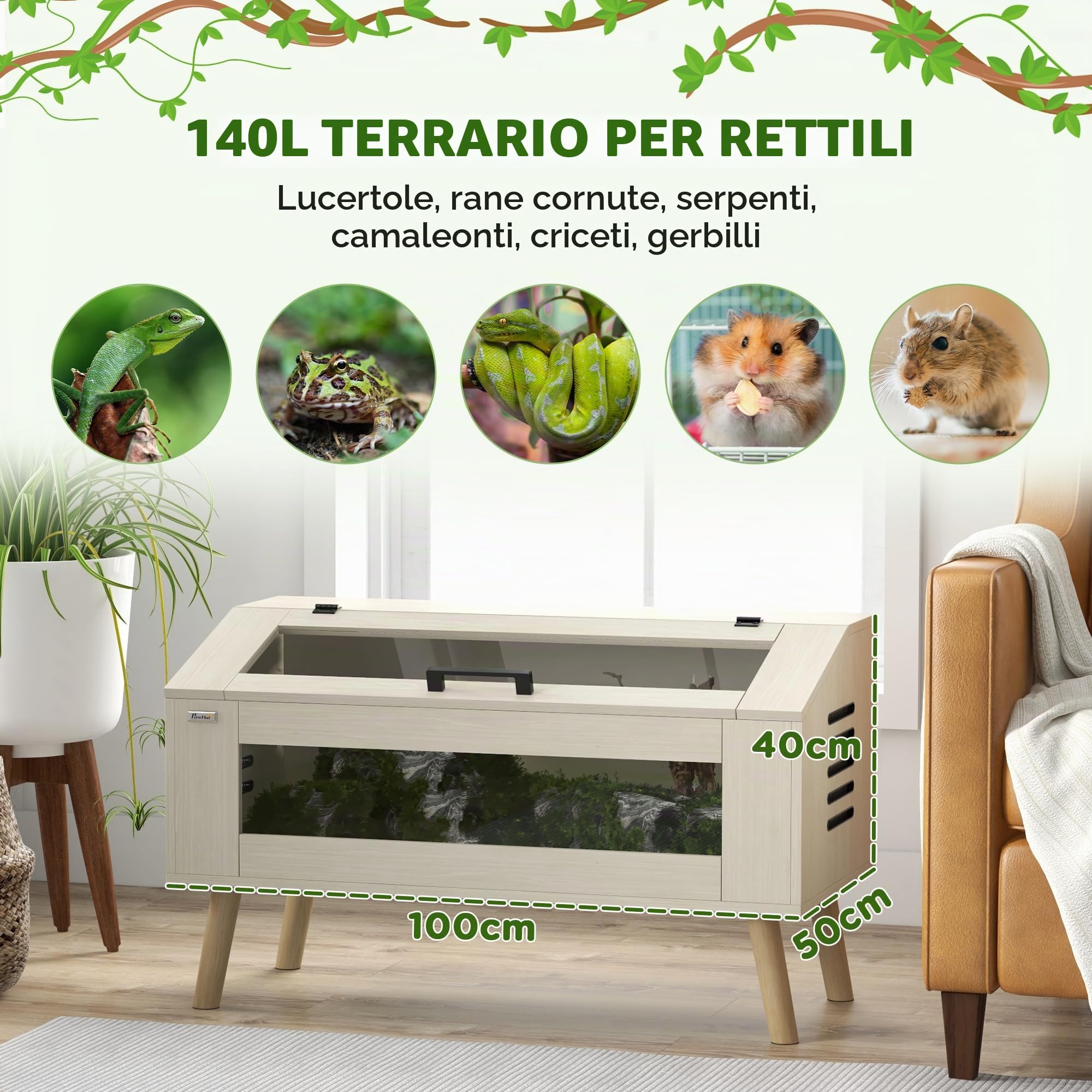 Terrario per rettili PawHut, cassetta di alimentazione per rettili 140L con finestre in vetro temperato, coperchio, zampe, cassetta di allevamento per rettili per anfibi, ragno, quercia, 100 x 50 x 60