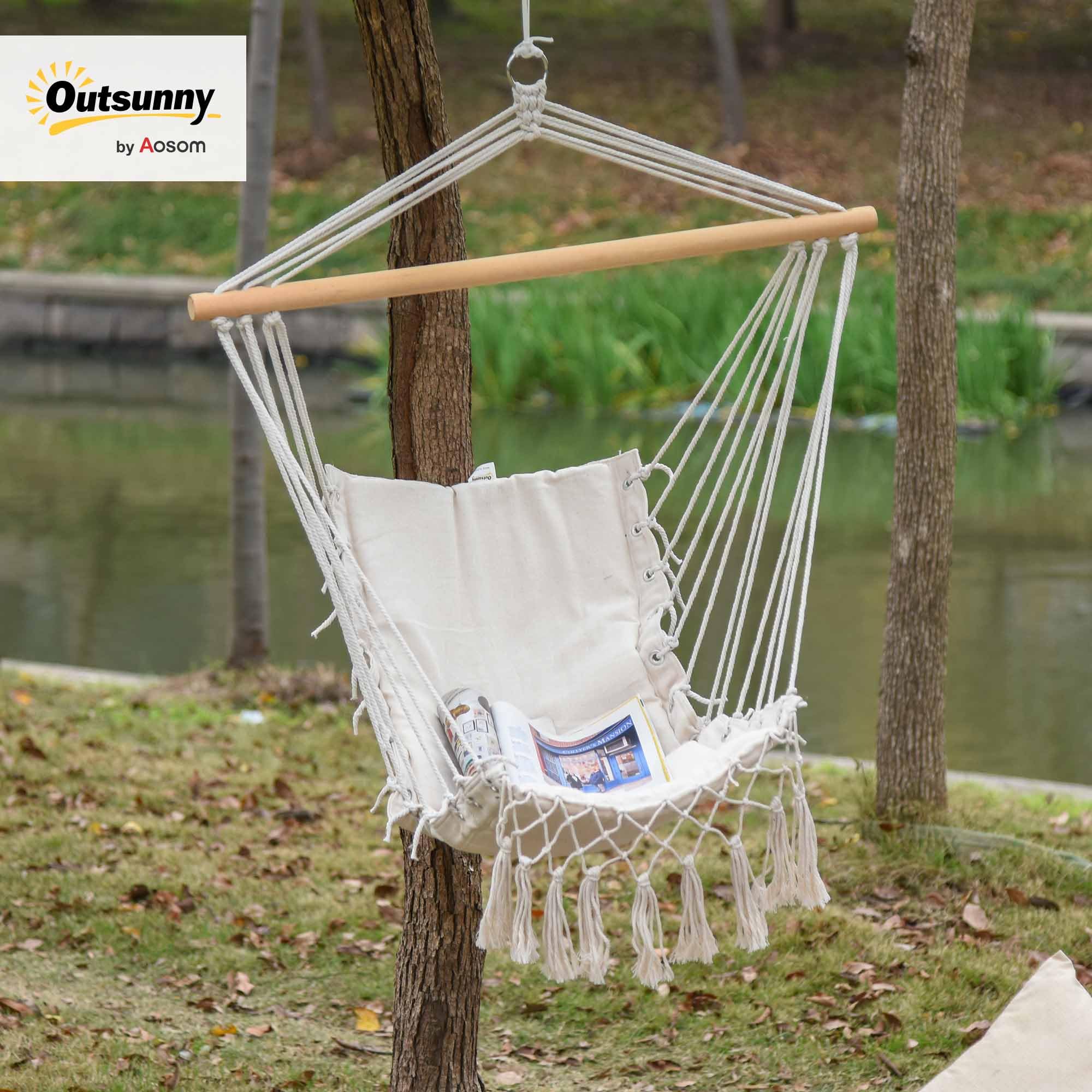 Outsunny Silla Colgante con Borlas Silla Columpio de Algodón Carga 120 kg Sillón Colgante Estilo Moderno para Interior y Exterior Blanco
