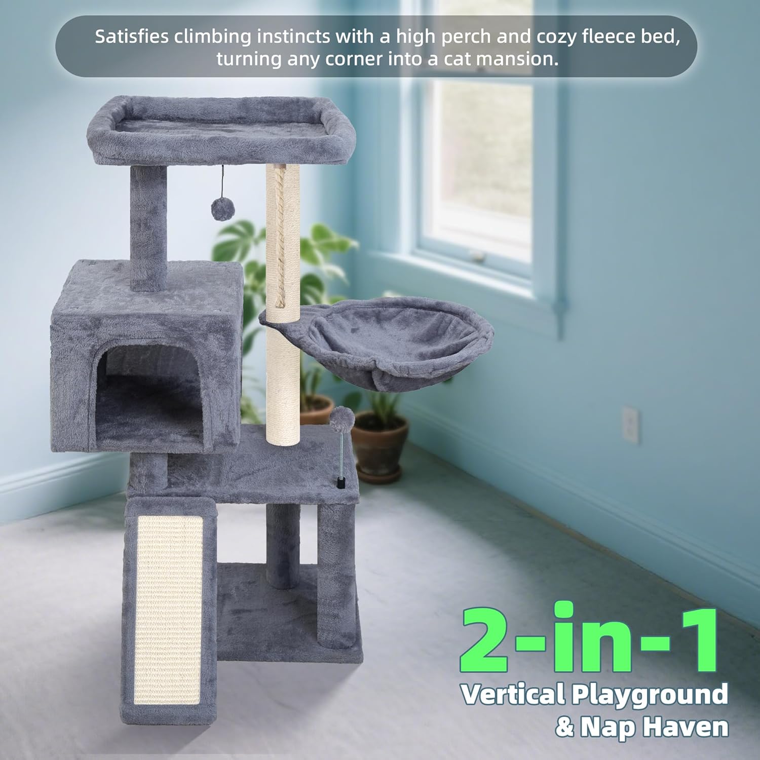 Cat Tree with Cat Condo and Hammock, Cat Tree with Scratching Posts and Scratching Pads, Cat Tower for Indoor Cats, Activity Centre Climbing Tree with Playful Toy Balls, Grey