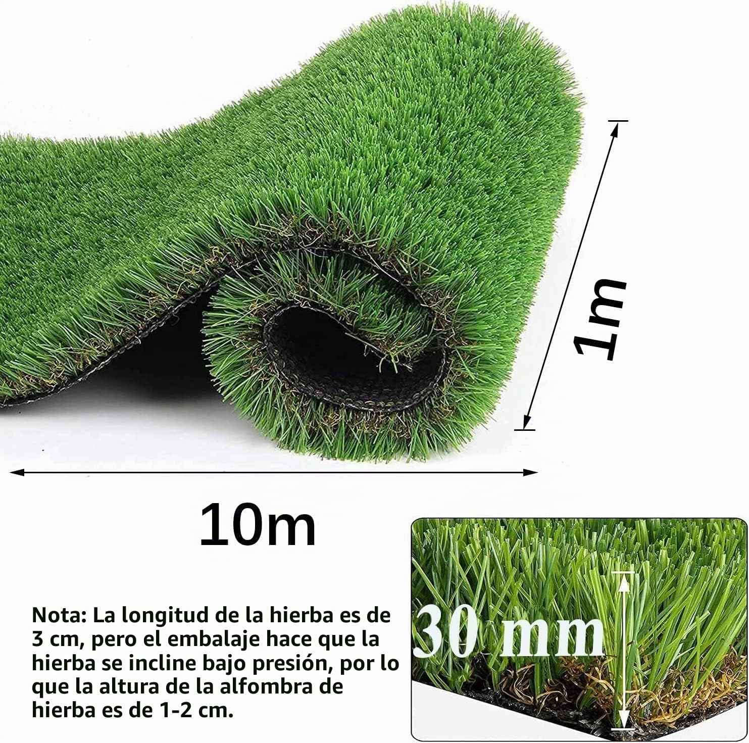 Alfombra de césped artificial barata de 10 mx1 m de alta densidad de hierba falsa de aspecto realista rollo de césped artificial de 30 mm de grosor, balcón, escuela