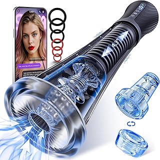 Male Masturbator Penis Pump Enlarger - Transparent Visual Male Sex Toys for Men, APP Control Vibrating Spring & Vacuum Suction with 2 Replaceable Sleeves & 6 Penis Rings for Masturbation Glans Trainer