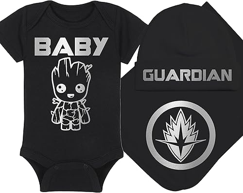 Superhero Baby Onesie and Hat - Baby Groot - Guardian (3-6 Month - Black Fabric - Silver Design)