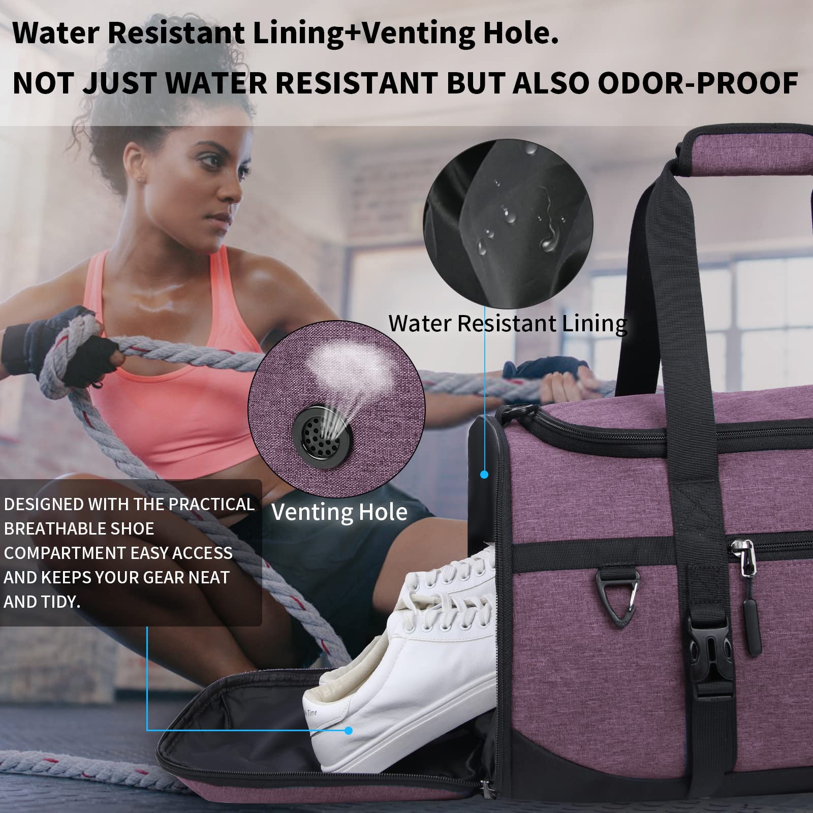 Lubardy Bolsa Deporte 40L Impermeable Viaje con Toalla Microfibra Compartimento Zapatos Violeta