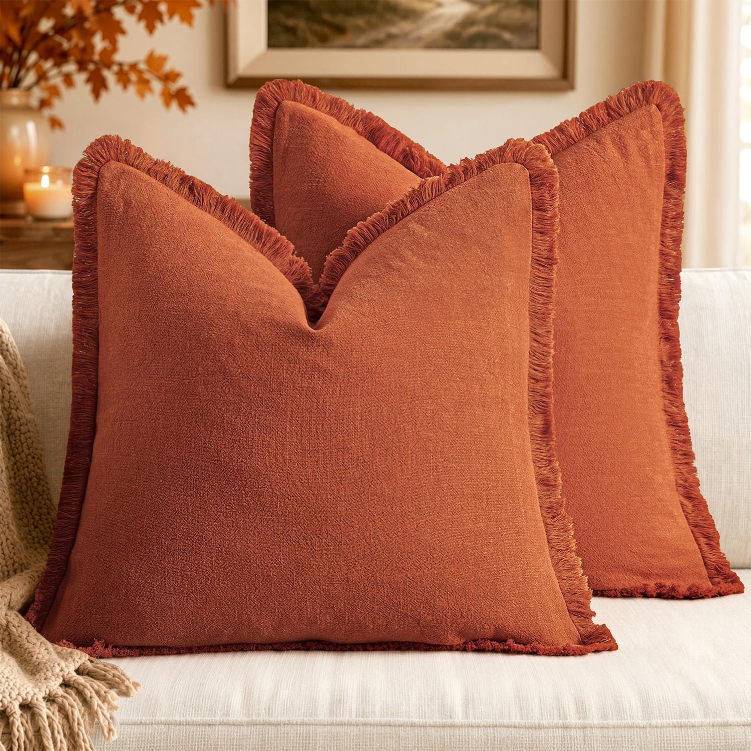 MIULEE Linen Fringe Decorative Fall Throw Pillow Covers Burnt Orange 18x18
