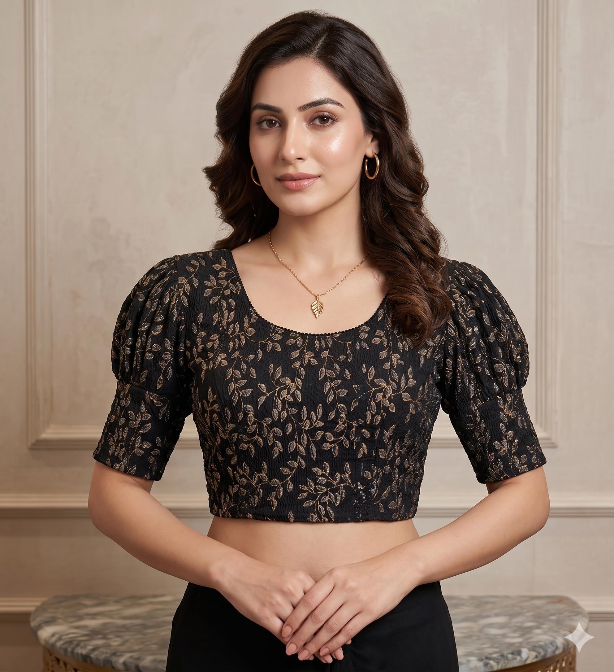 Women's Green Embroidered Saree Blouse, Floral Leaf Pattern, Puff Sleeves, Round Neck-image-24