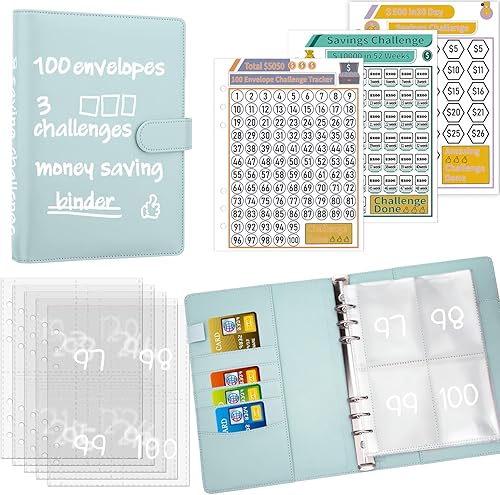 Vista 9 de Antner Carpeta de desafíos de ahorro de dinero con 100 sobres, libro de desafíos de ahorro con sobres y rastreadores de desafíos para ahorrar $5,050
