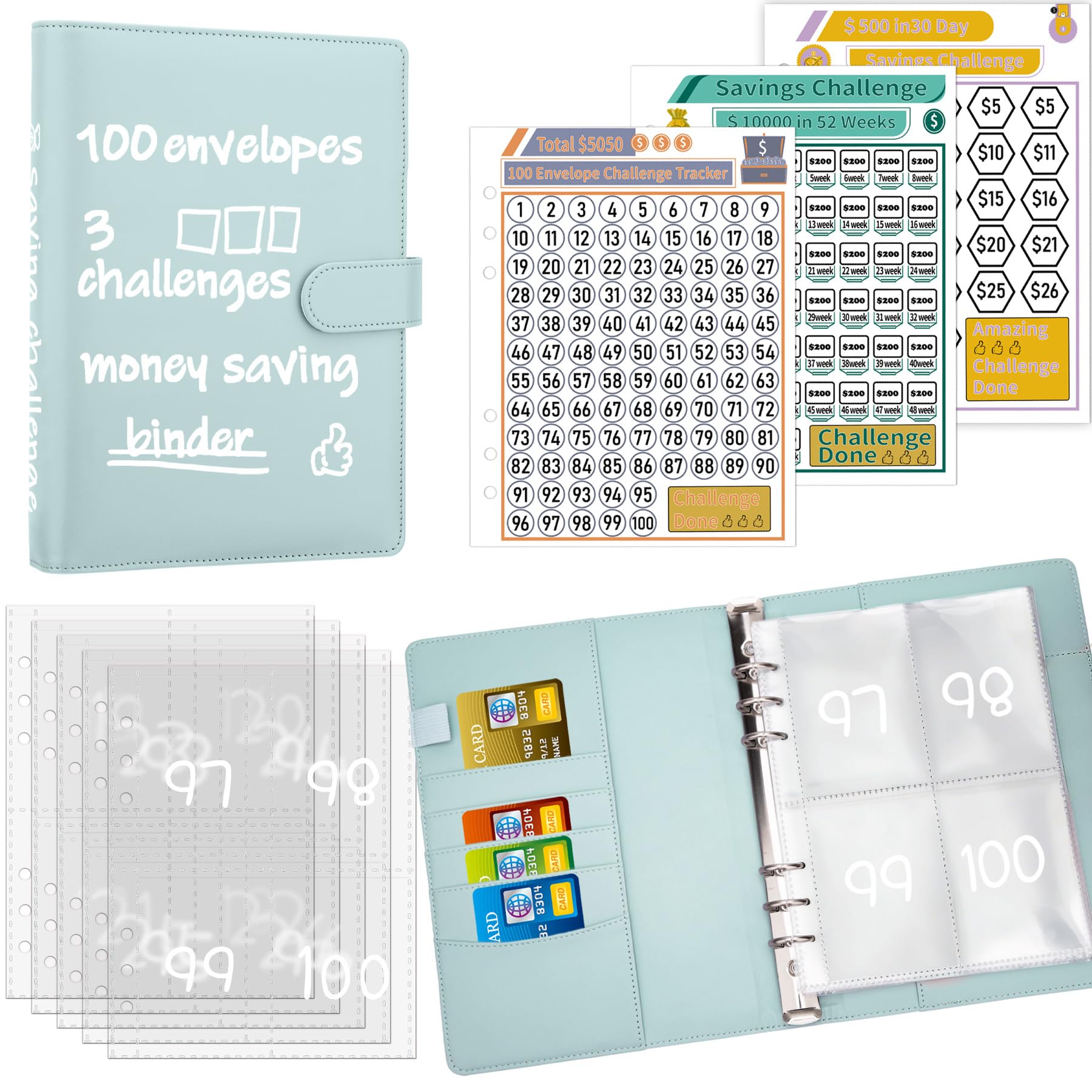 Antner 100 Envelopes Money Saving Challenge Binder, Savings Challenges Book with Envelopes &amp; 3 Challenge Trackers to Save $5,050 and $500 and $10,000, A5 Budget Binder Money Saving Book, Mint Blue