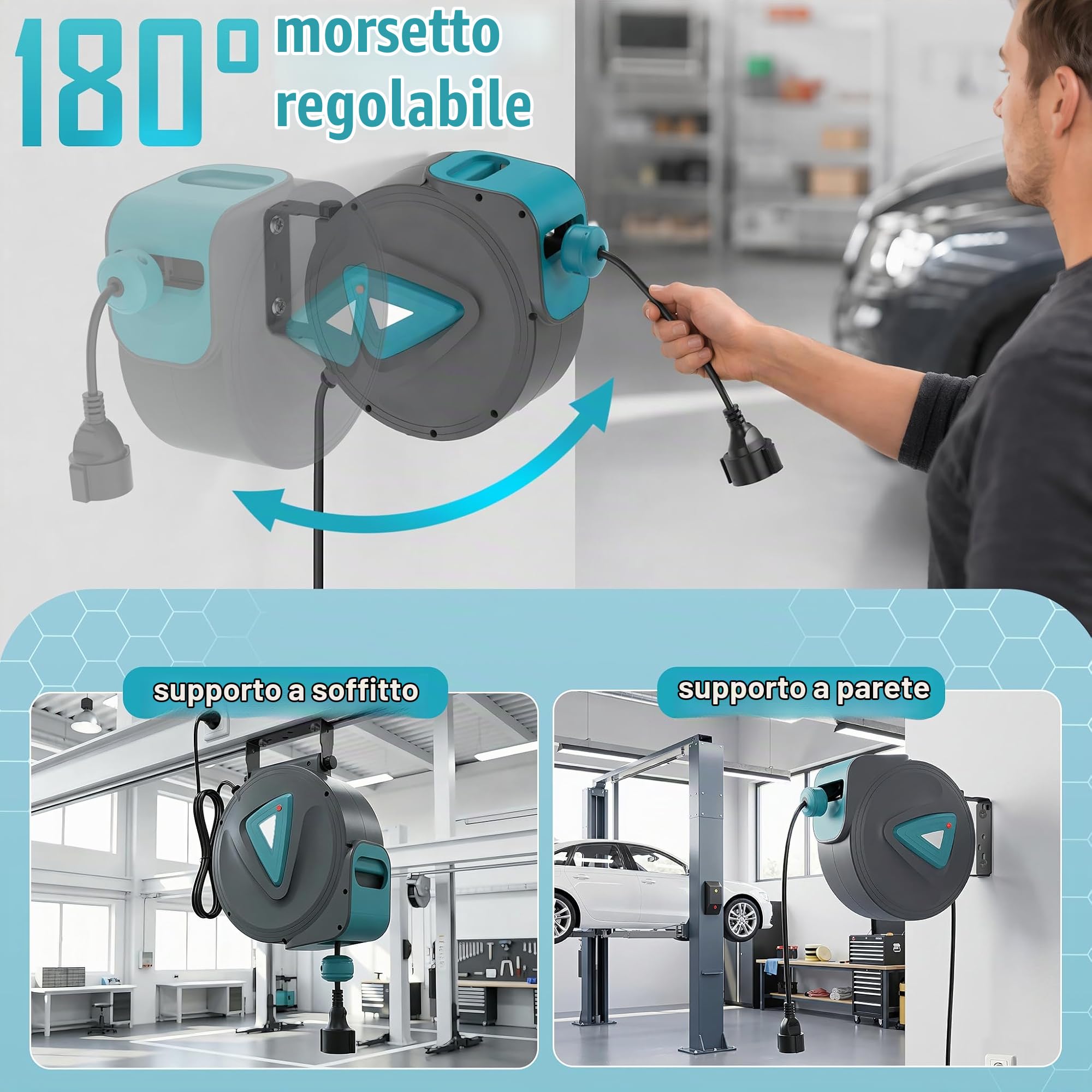 Froadp 20m Automatic Bobine per Cavo, Avvolgicavo con Montaggio a Parete, Bobina Elettrica con Protezione da Sovraccarico, Rotante a 180° con Cavo Elettrico per Gestione del Cavo(Blu)