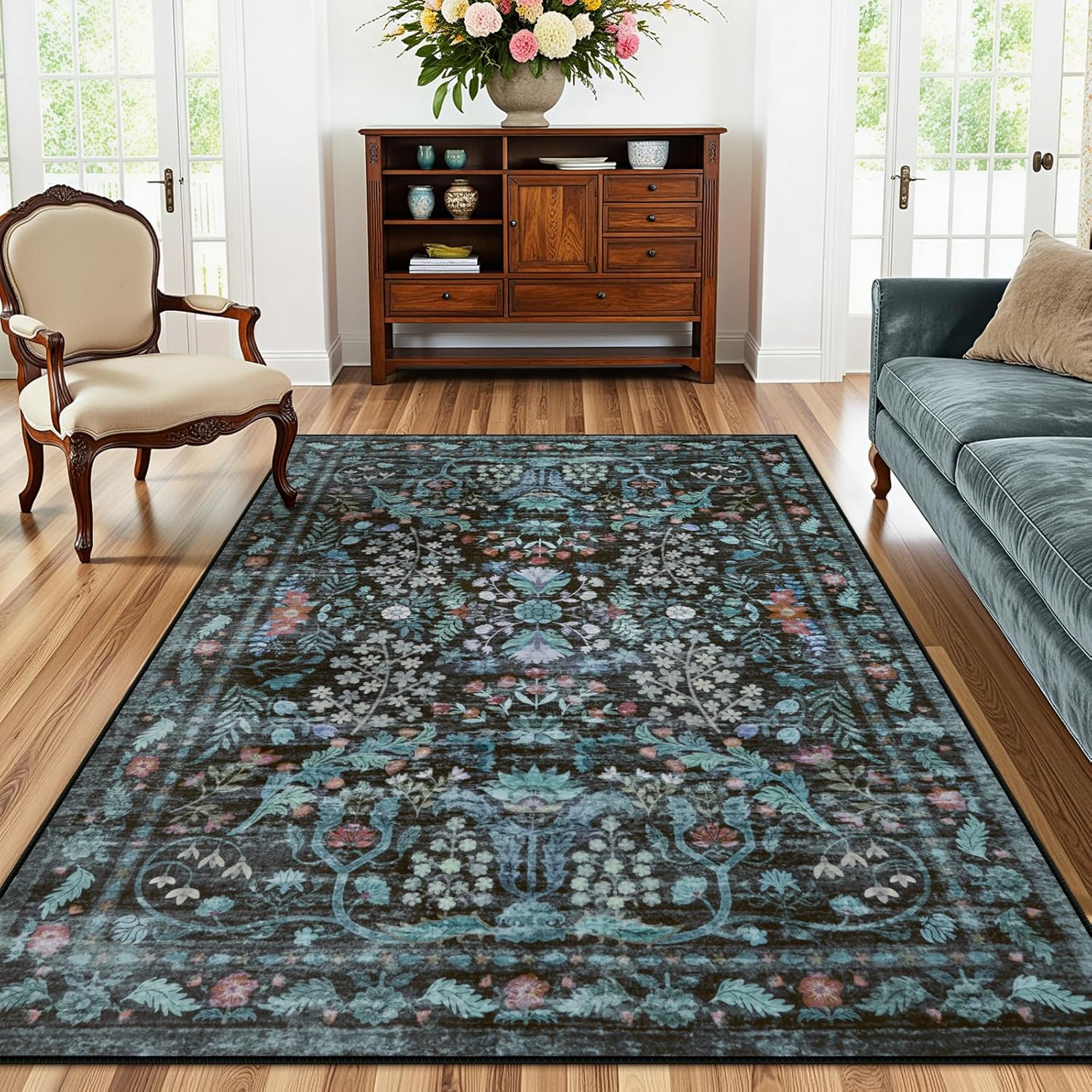 LIVEBOX Washable Rug 5x7 Area Rugs for Living Room, Black Floral Rug for Bedroom, Soft Boho Distressed Rugs Non Slip, Low Pile Vintage Indoor Carpet for Dining Room Home Decor