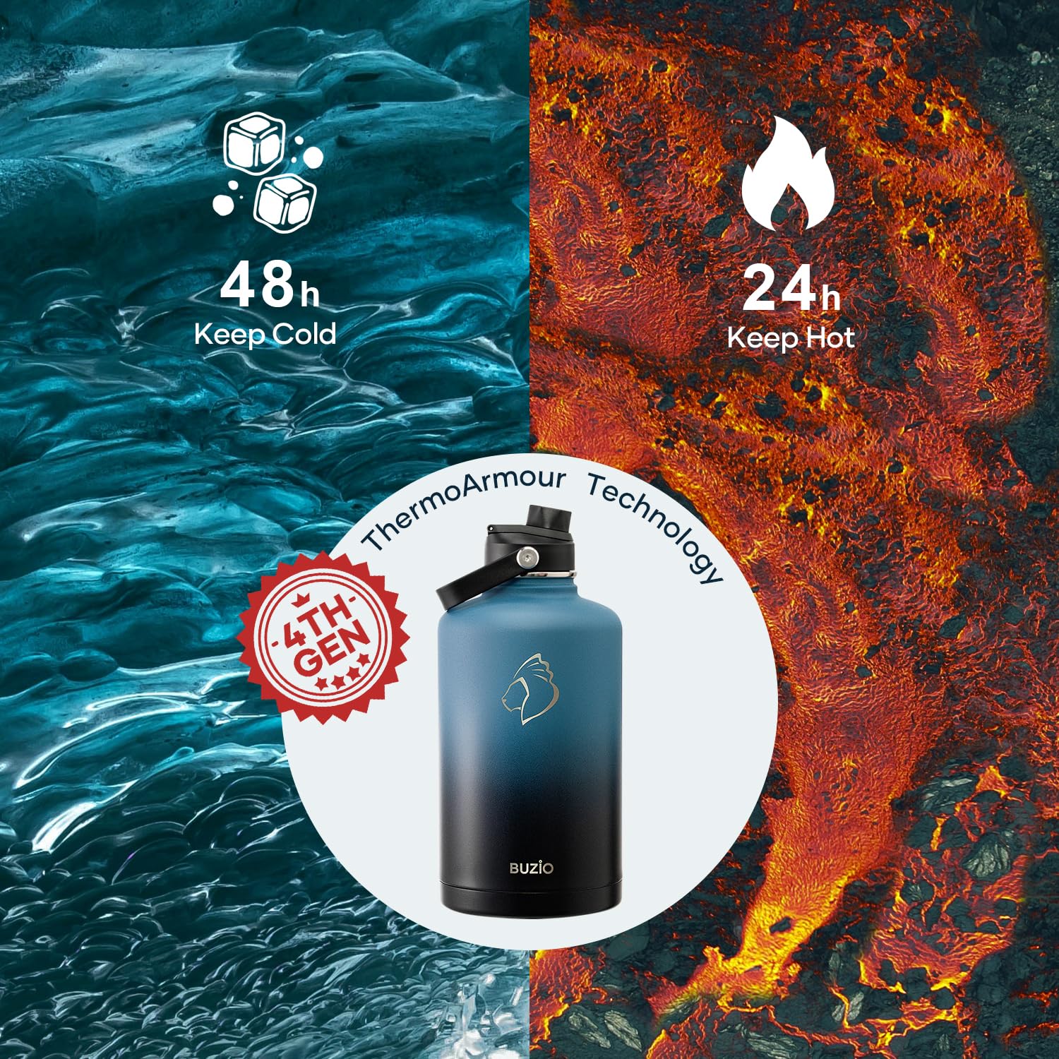 BUZIO 2,5L Edelstahl Trinkflasche isoliert mit Strohhalm & Ausgussdeckel | Große Wasser-Thermoflasche aus Metall, 48h kalt & 24h heiß, auslaufsichere Trinkflaschen,BPA-frei, für Fitnessstudio, Reisen