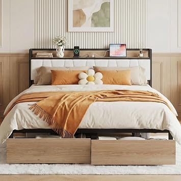 LIKIMIO California King Size Bed Frame with 2 Drawers and Charging Station | Platform Bed with Upholstered Storage Headboard, No Box Spring Needed, Easy Assembly, Sturdy, Wood and Cream