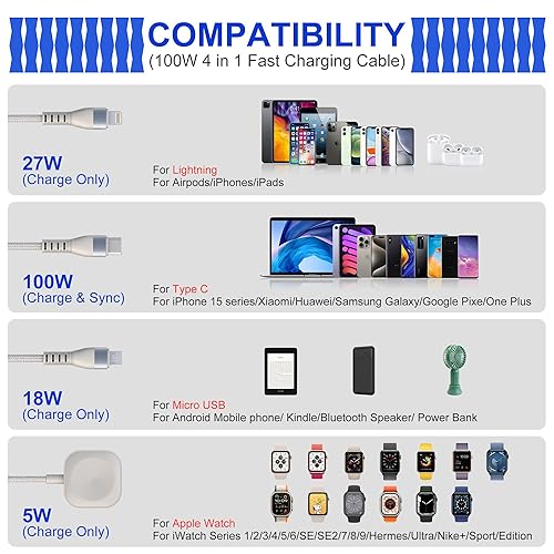 Miniatura 7 de Cable de carga múltiple USB C 4 en 2 de 100 W para iWatchiPhone 15 14AndroidLaptop Certificado MFi, 10 pies, 6A PD Cable de carga múltiple Combo