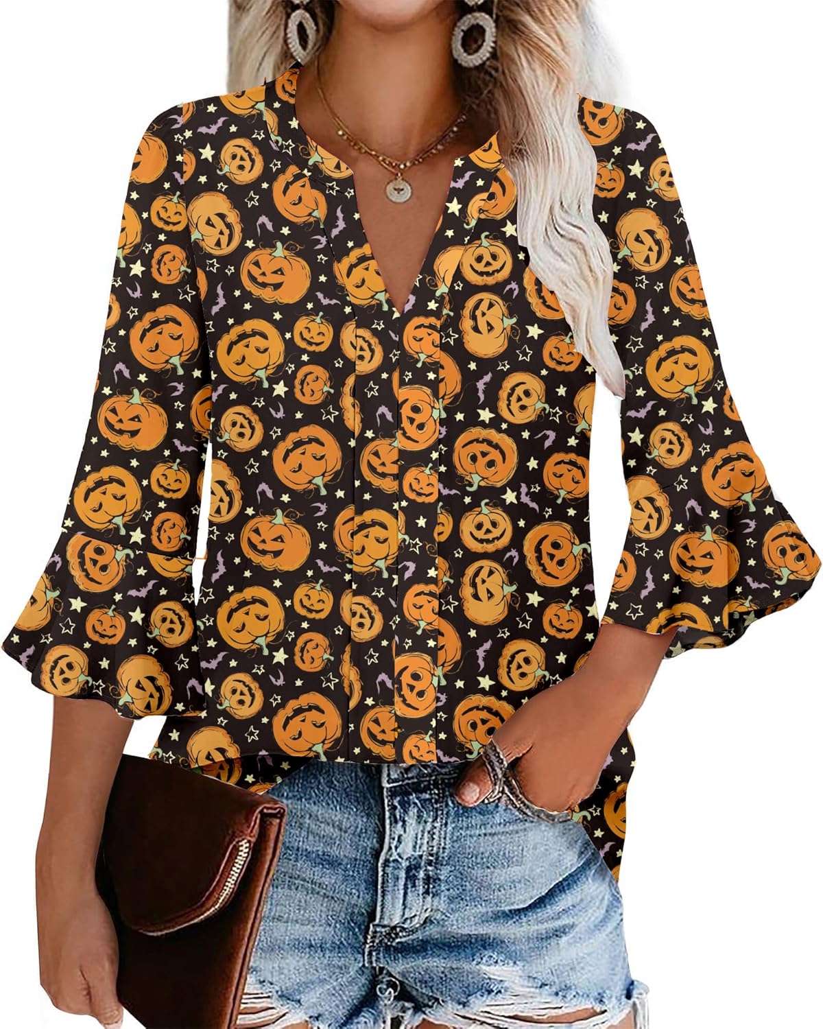 Halloween Women's Dressy V Neck Ruffle Sleeve Funny Blouses