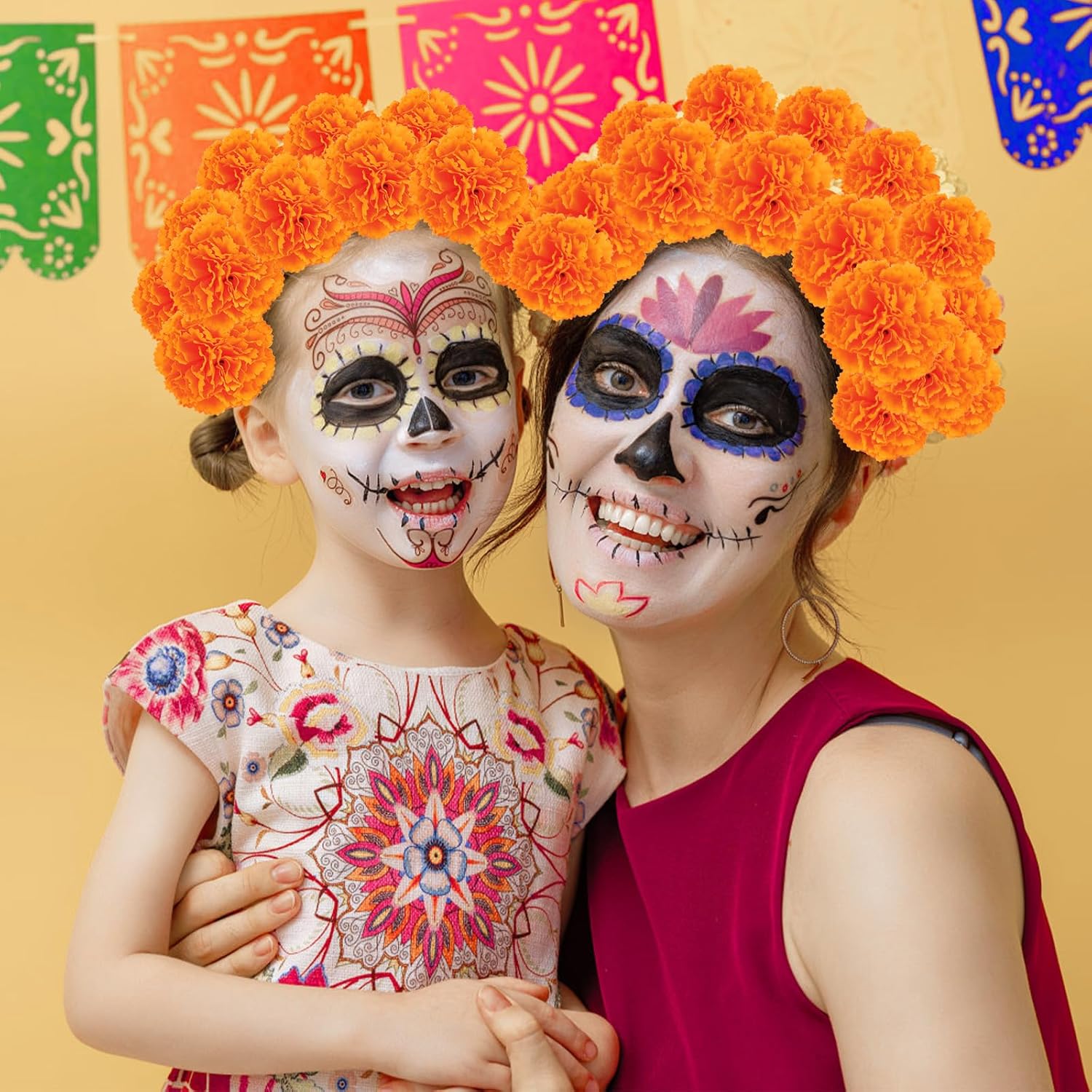 JMUQ 80 Pcs Artificial Marigold Flowers, 2 inch Silk Marigolds Bulk with Stems, Orange Artificial Flowers for Dia De Los Muertos Diwali Home Decor Marigold Garland Day of The Dead Decorations - Image 5