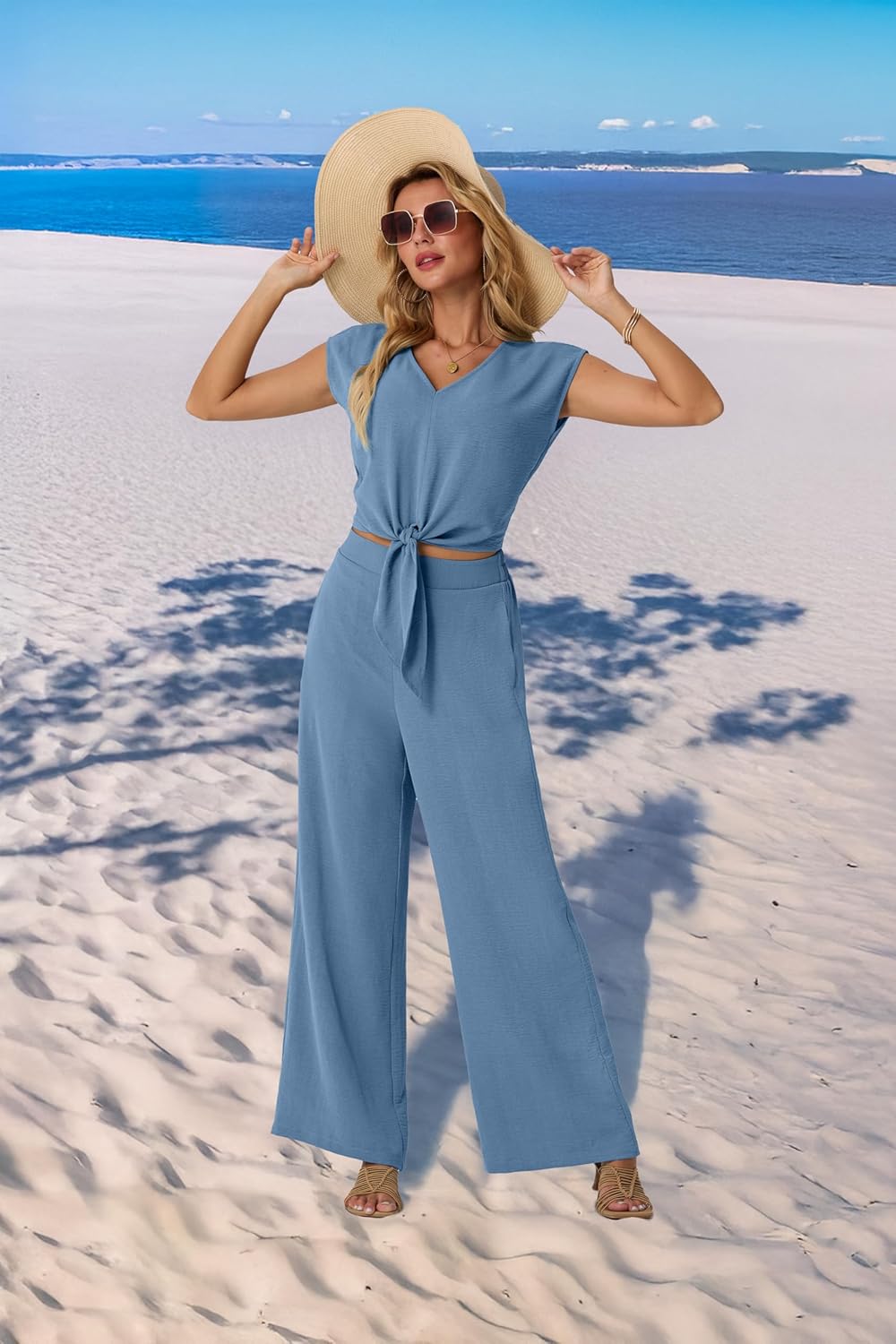 Lepunuo Women Summer 2 Piece Outfits Cap Sleeve V Neck Belted Crop Tops Casual Wide Leg Pants Matching Sets Travel Outfits - Image 4