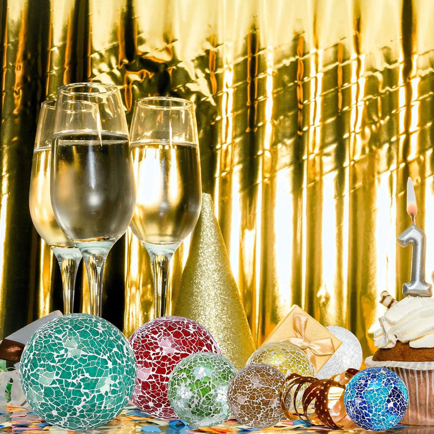 M METERXITY 3-Pack Decorative Ball for Bowls, 4 Inch Mosaic Glass Balls Decorative Glass Orbs for Home Decor/Dining Tables/Wedding Party/Coffee Table/Centerpiece Decor [White]