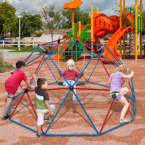 Miniatura 8 de HONEY JOY Cúpula de escalada de 10 pies con columpio, barra de mono mejorada para patio trasero, juguetes de escalada al aire libre para niños