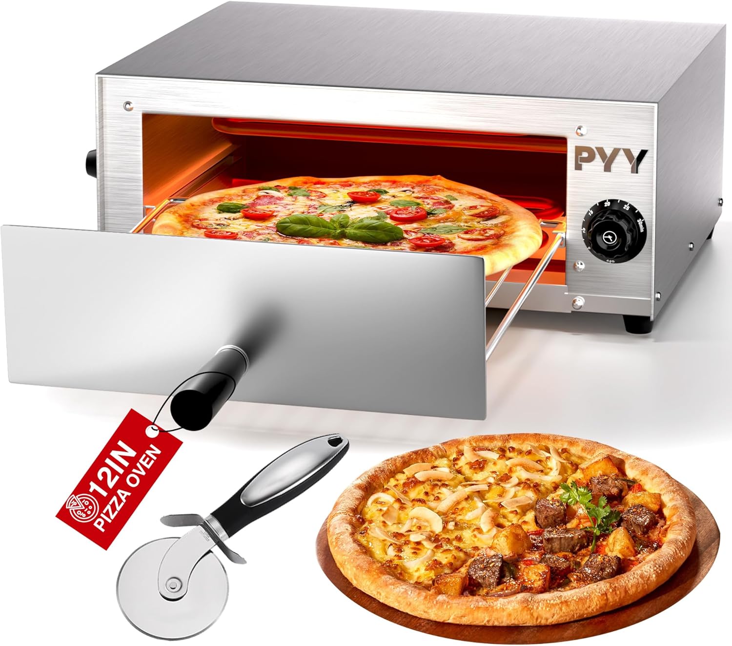 PYY Commercial Pizza Oven Electric up to 12 Inch Table Top Pizza Oven Indoor Stainless Steel Professional Pizza Cooker Baker Countertop with Timer & Crumb Tray for Commercial Kitchen Restaurant 1100W