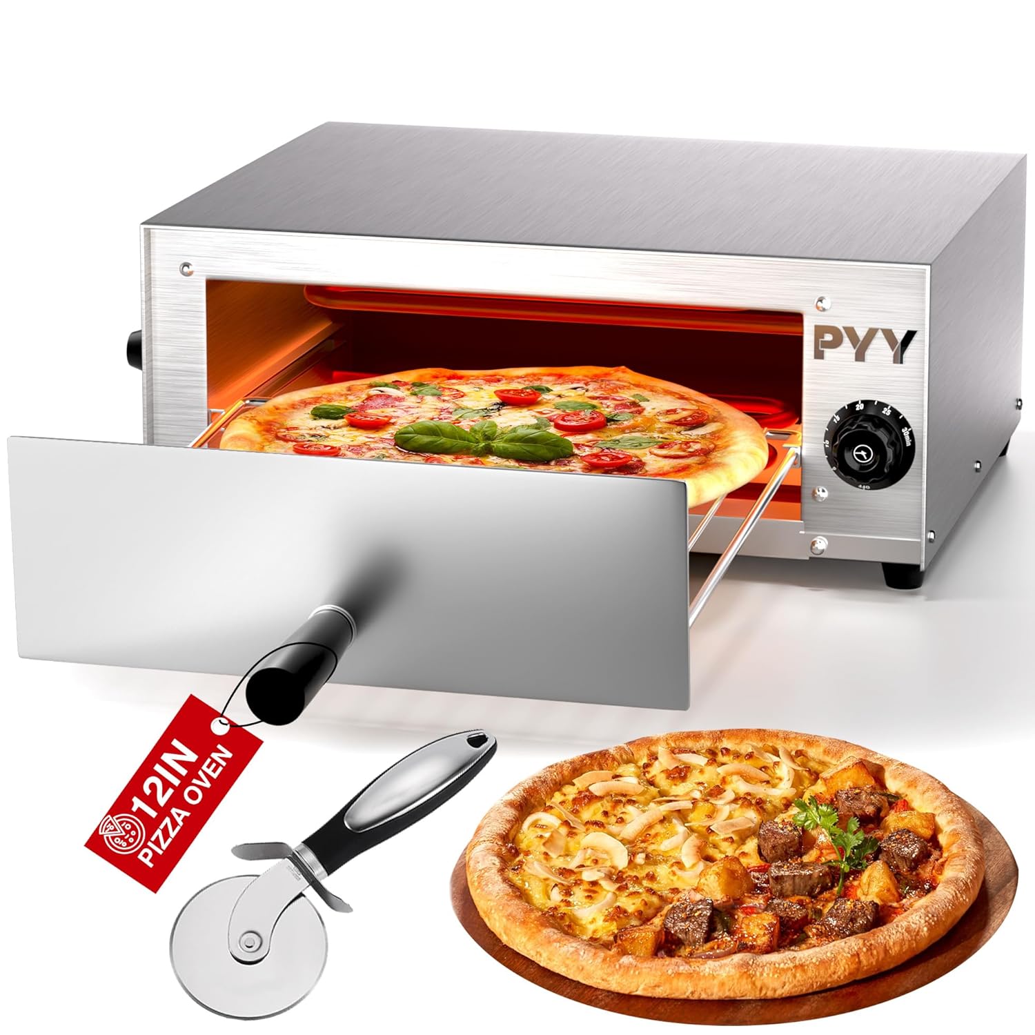 PYY Pizza Oven Electric - 12 Inch Pizza Oven Indoor Stainless Steel Commercial Professional Pizza Cooker Baker Countertop with Timer & Crumb Tray for Home 1100W, Silver