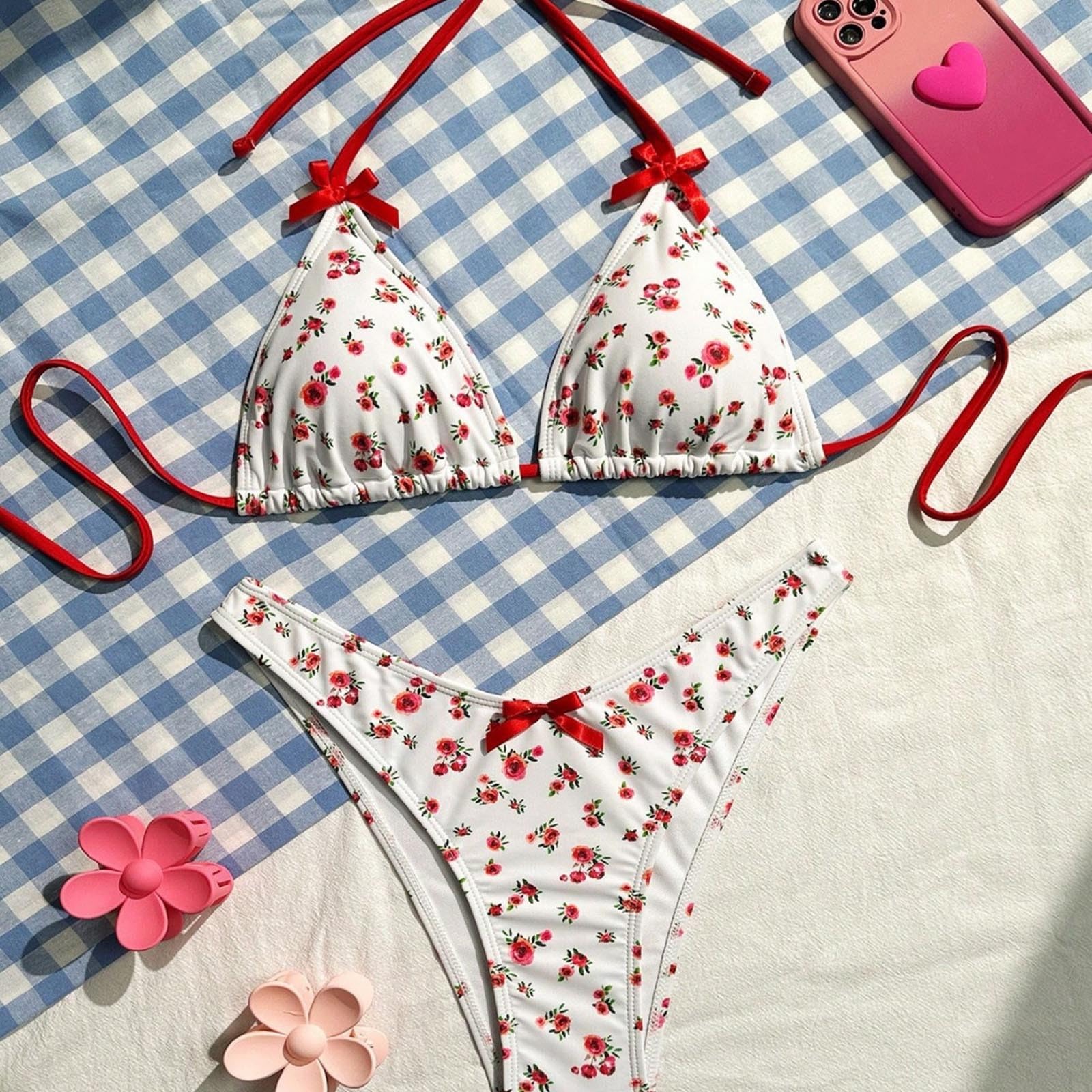 Maillot de bain 2 pièces pour femme - Imprimé cerises - Bikini triangle à nouer sur le côté - Pour l'été, la plage, la piscine, les vacances