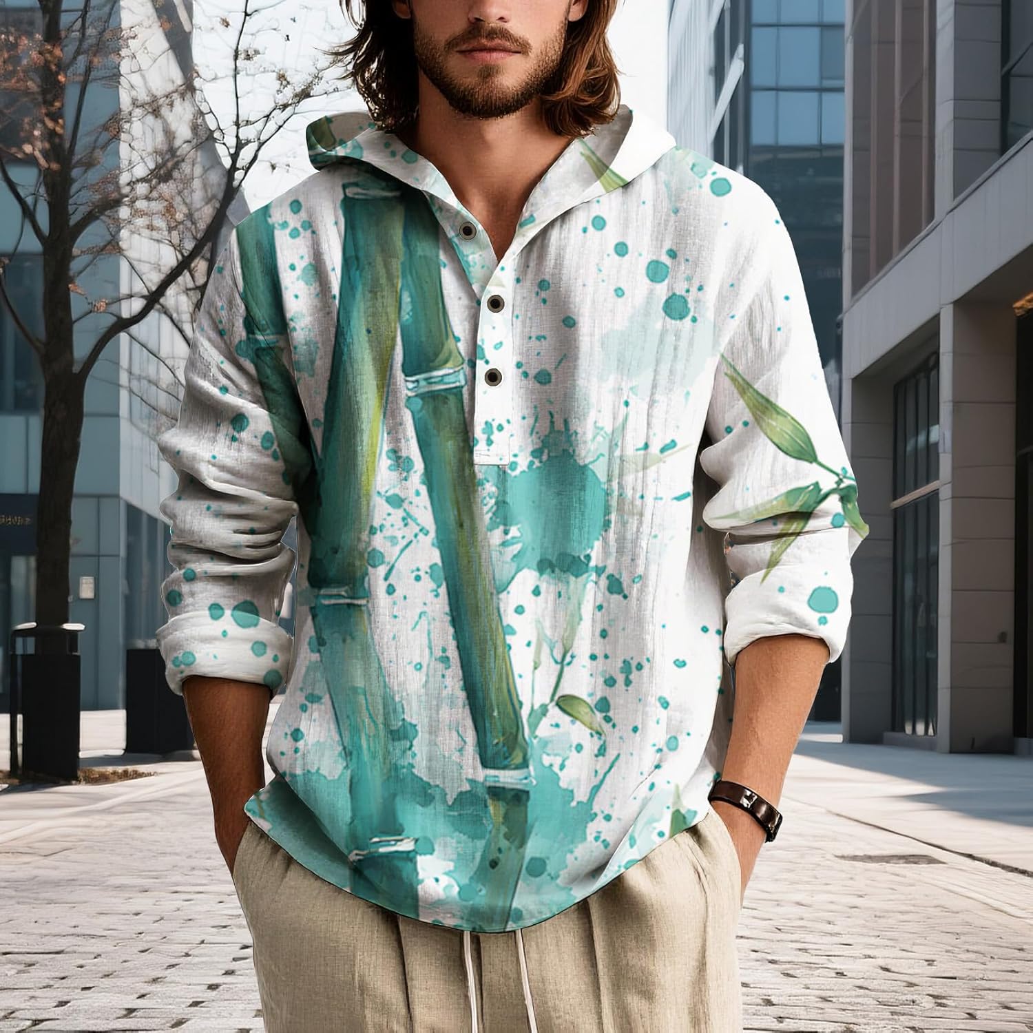 Mens Hooded Floral Button Down Shirt Long Sleeve Lightweight Relaxed Fit Nature Inspired Top for Spring - Image 2