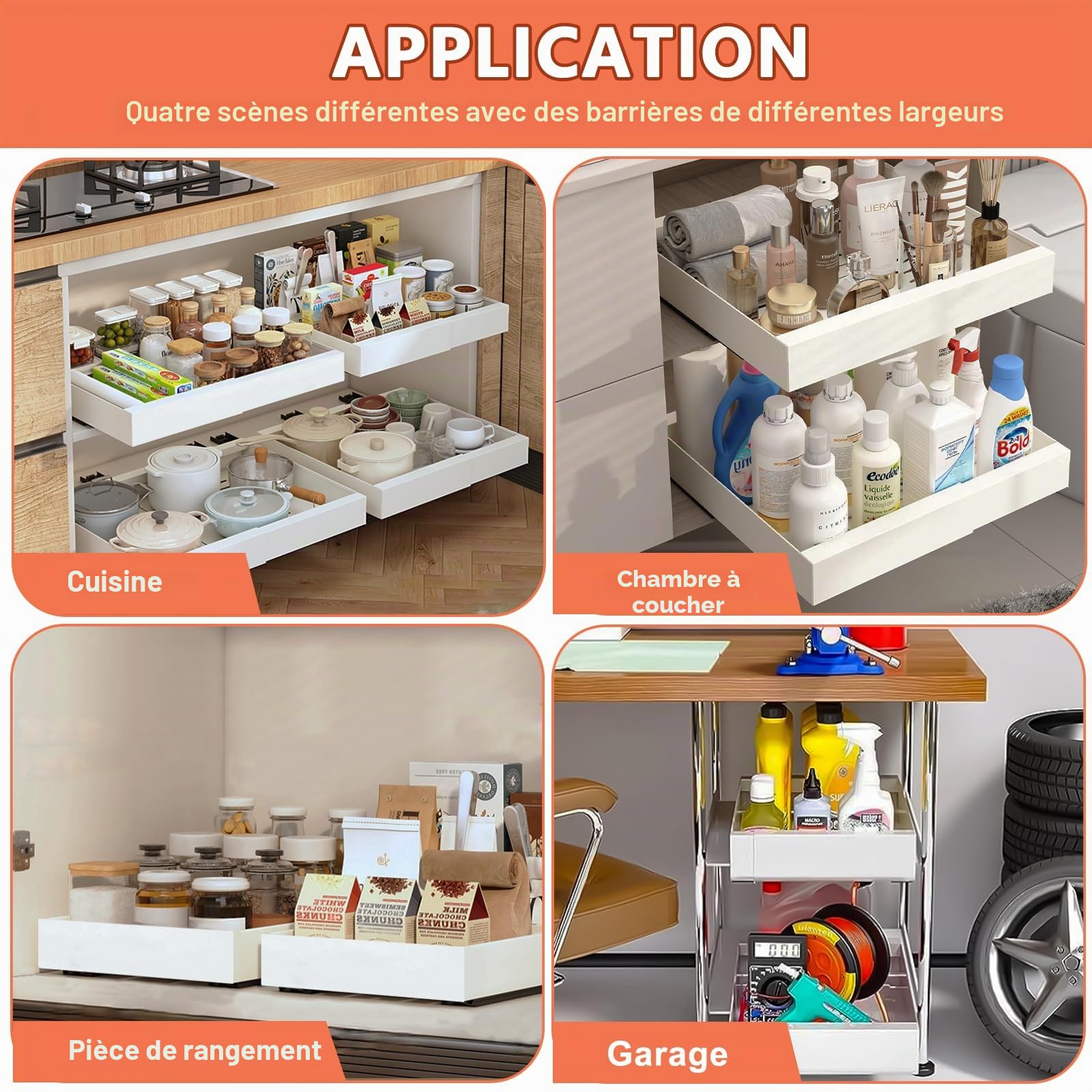 2pcs Tiroir Coulissant Cuisine, Organisateur d'armoire coulissant, tiroirs coulissants extensibles et de rangement, Tiroir Coulissant Cuisine Adhesif, avec garde-corps élevé (32 cm à 52 cm)