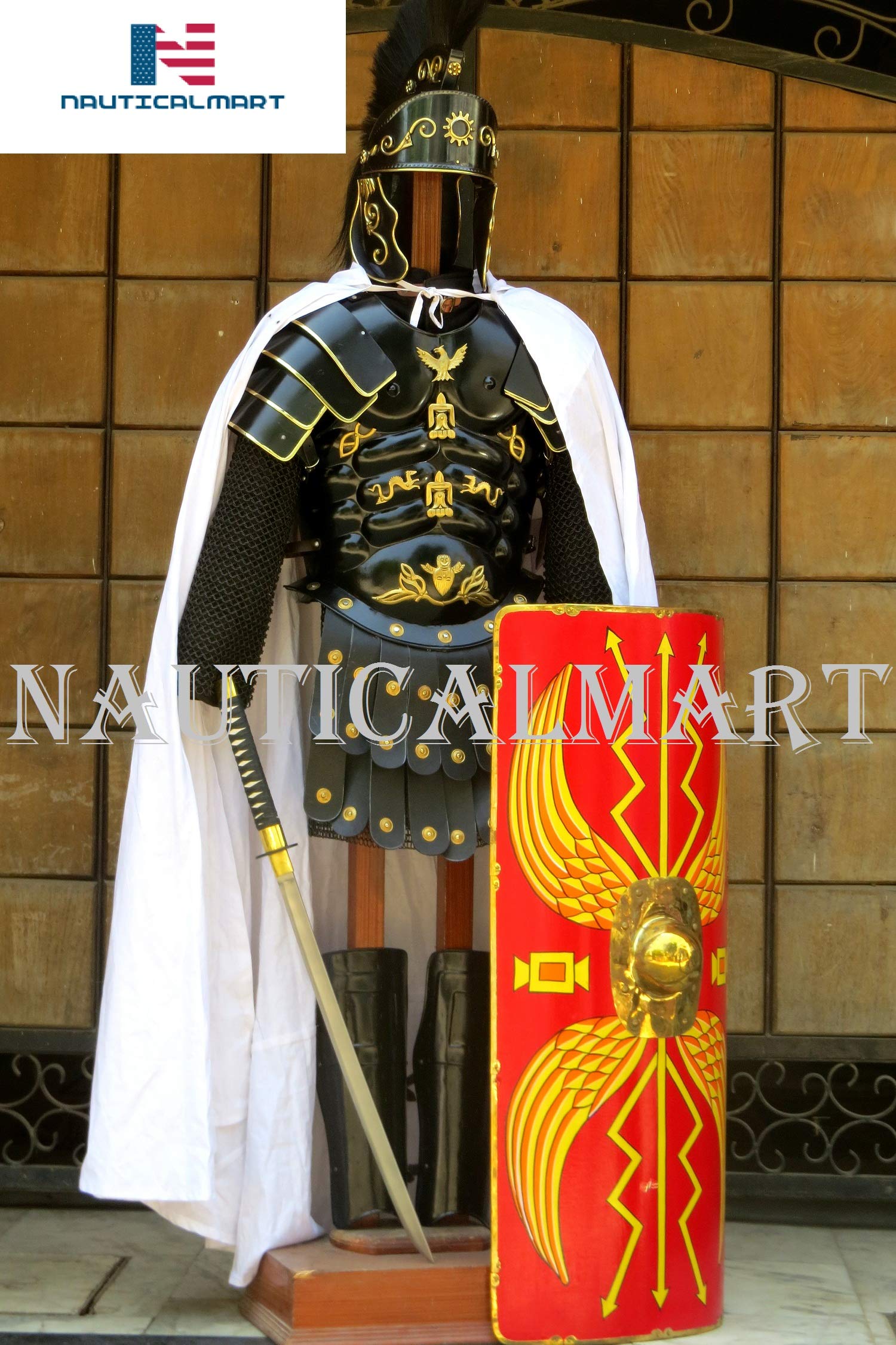 NauticalMart Roman Black Muscle Armor Cuirass Set W/Shoulders, Leg Guard, Roman Helmet, Chainmail, Roman Shield