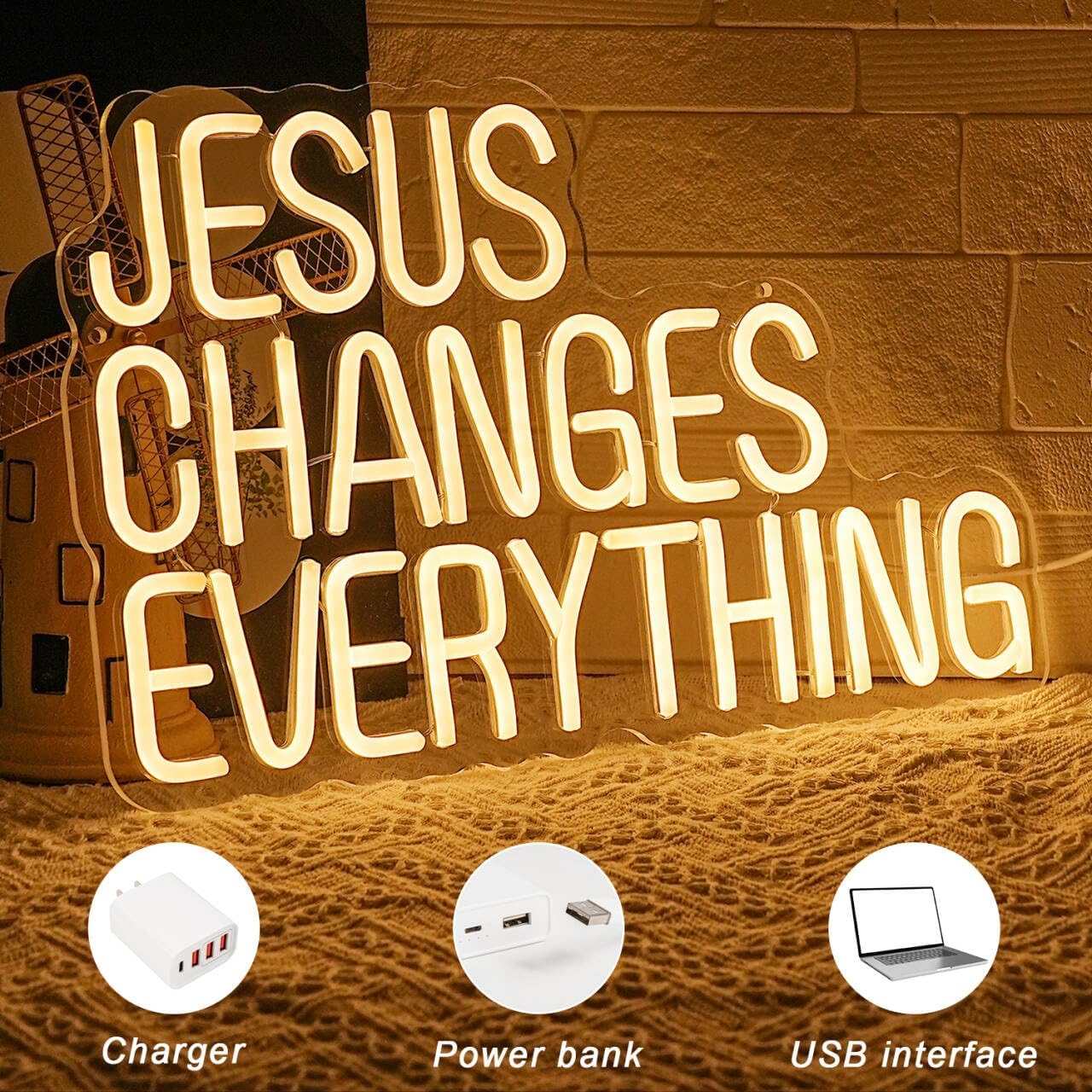 Jesus Changes Everything Neon Sign for Wall Decor Jesus Neon Light Christian Neon Light Sign Warm White Letter LED Light Signs for Bedroom Easter Religious Events Church Decor