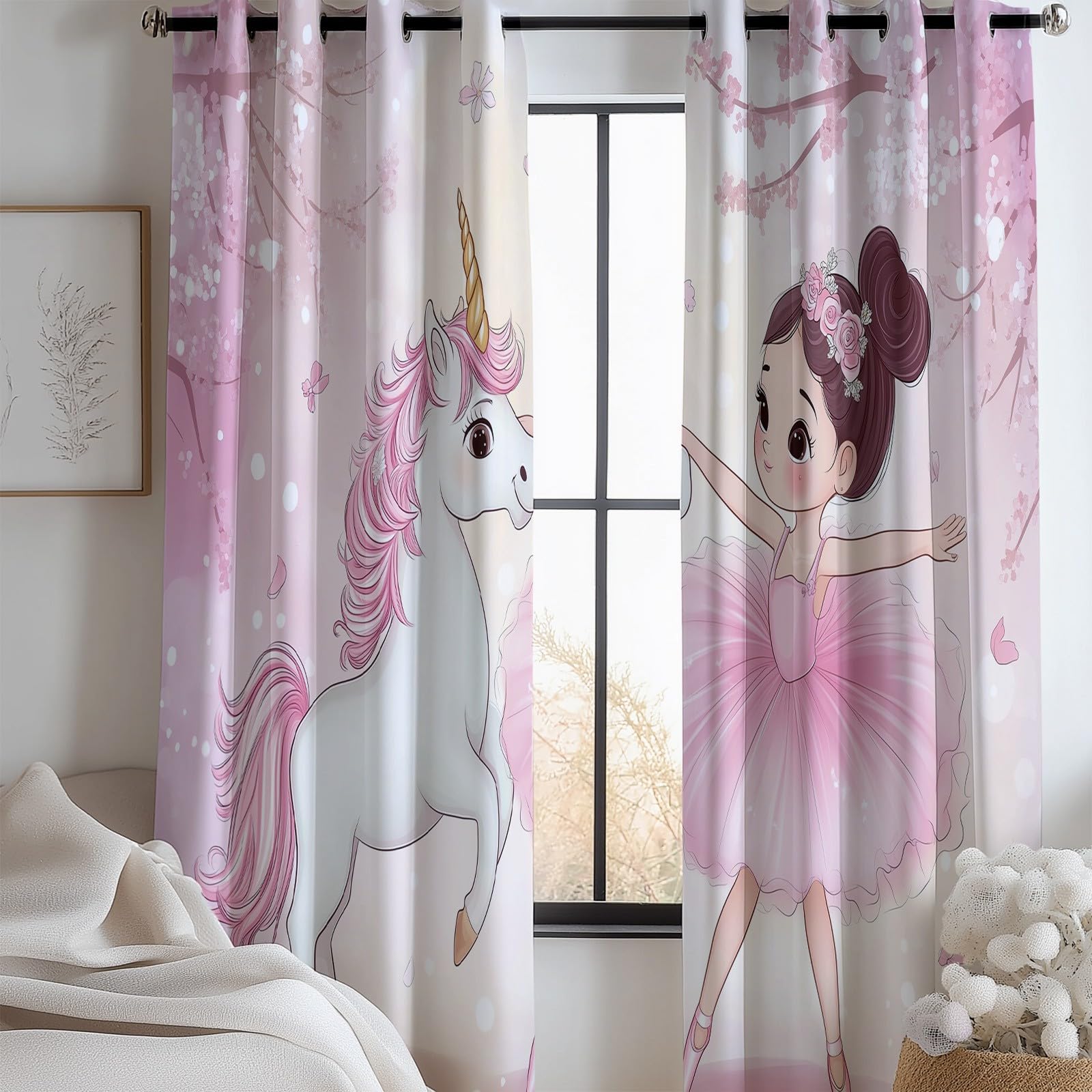 Générique Rideau Occultant Thermique Fille Ballerine De Dessin Animé avec Une Licorne L 140 X H 245 cm Rideau Occultant Opaque imprimés en 3D, Oeillets Lot de 2 Isolant Chambre Enfant