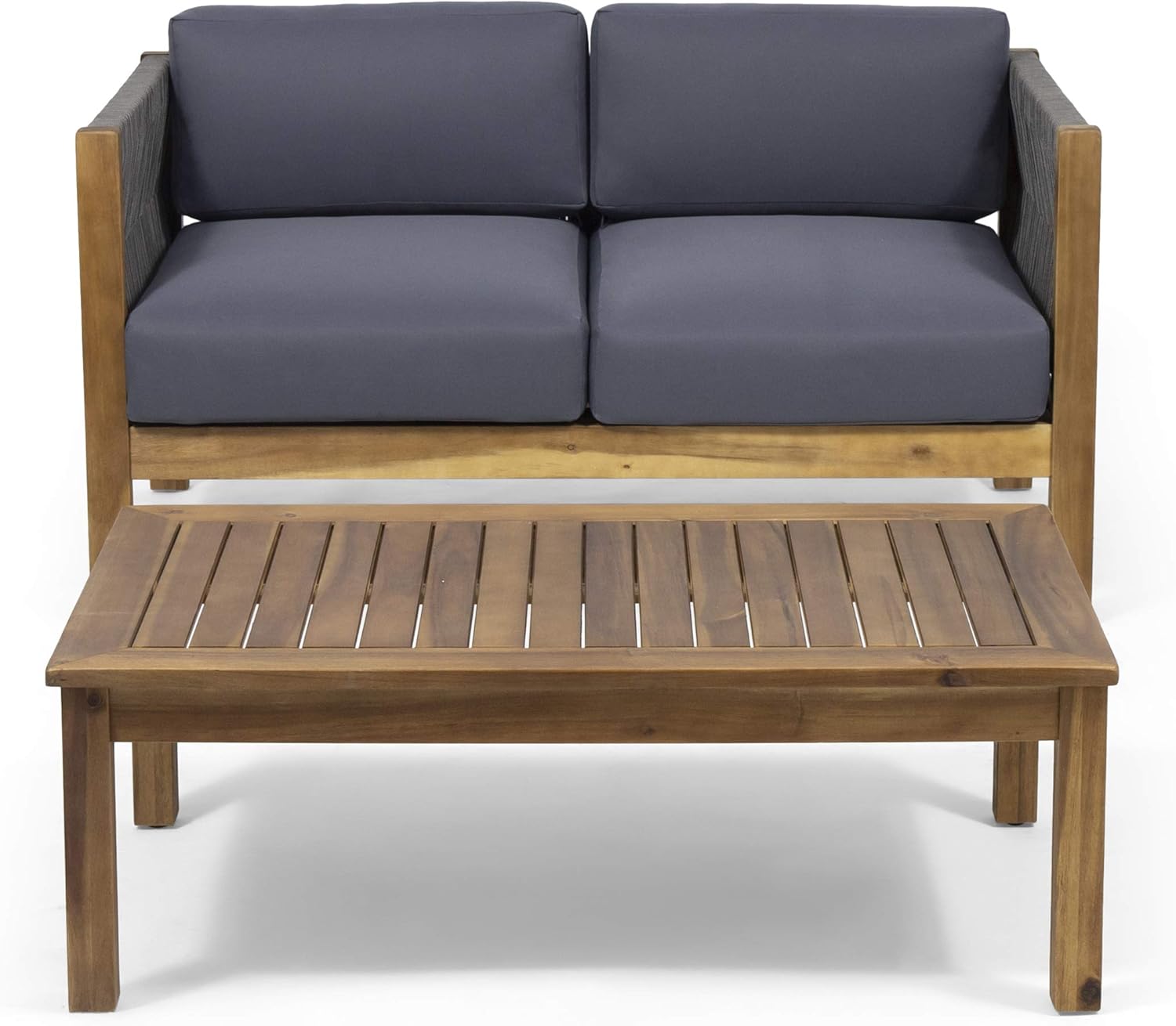 Minimalistic Patio Loveseat and Coffee Table Set with Cushion, Acacia Wood Frame for Garden Backyard Porch Poolside Outdoor Furniture