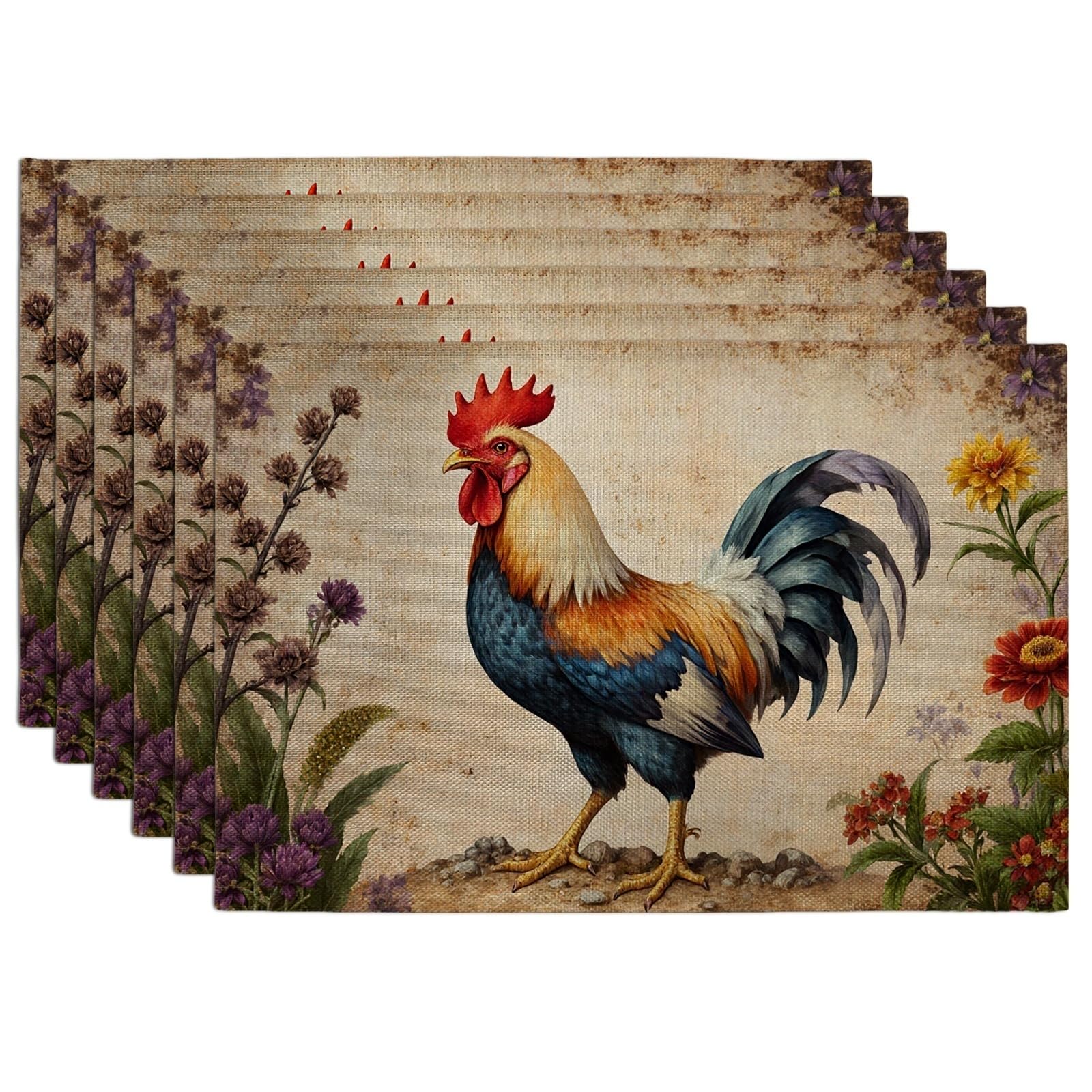 Vintage Rooster Placemats, Rustic Floral Design Place Mats for Dining Table, Country Kitchen Non-Slip Washable Indoor Outdoor Decorative Placemat Set of 6