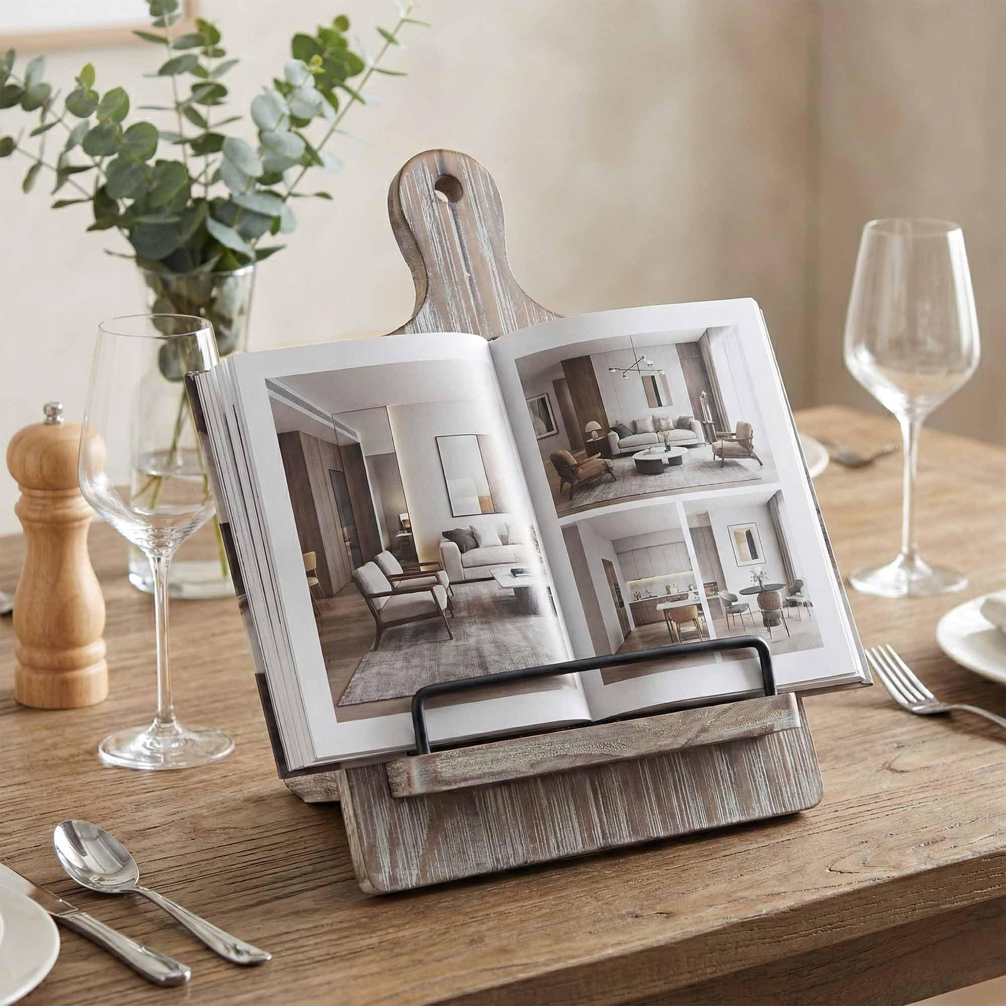 Soporte para libros de cocina Soporte para libros de cocina | Soporte para recetas de madera estilo tabla de cortar con soporte extraíble ajustable (gris)