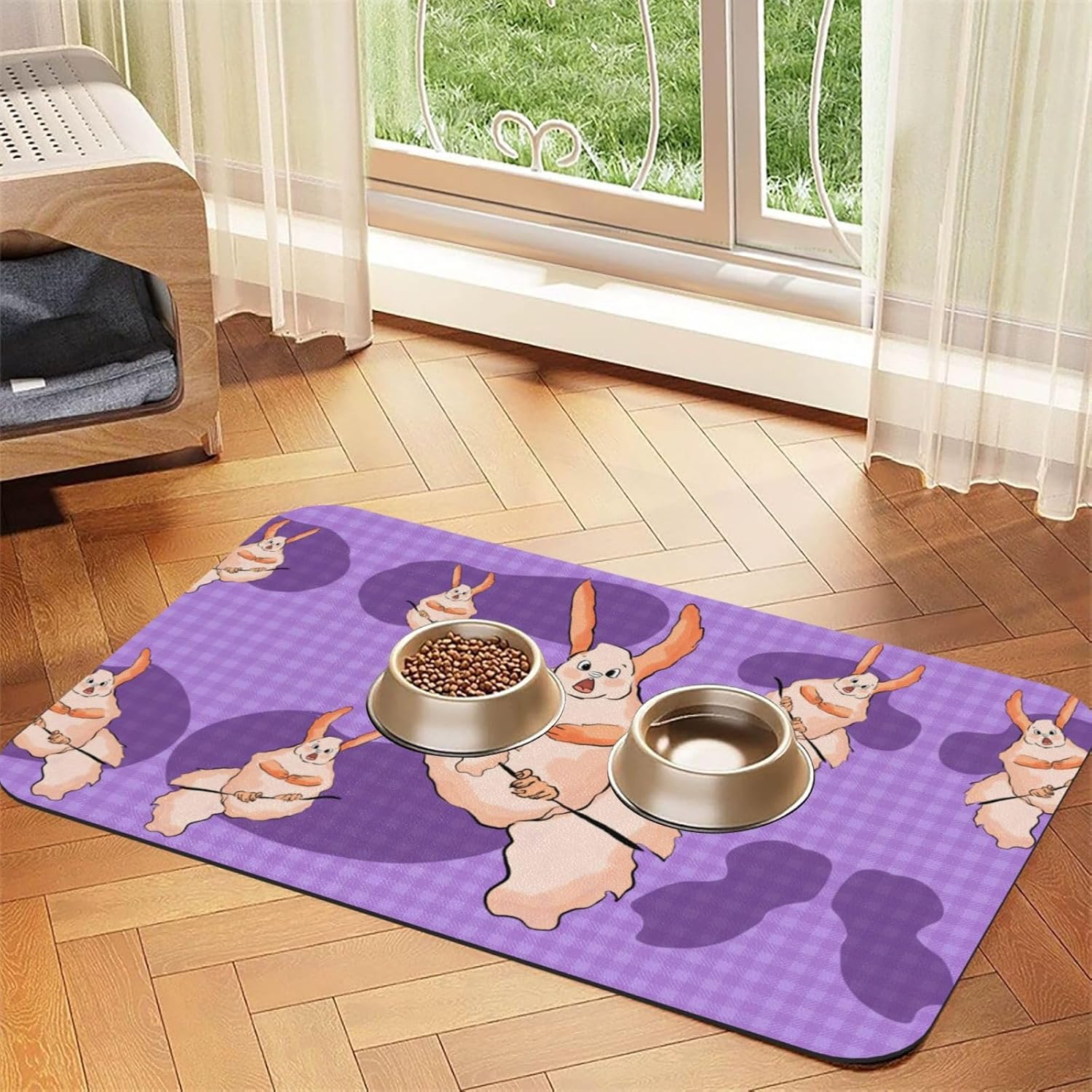 40x60cm Pet Absorbent Feeding Mat - Wacky Bunny Print Leather Non-Slip Placemat, for Dog Cat Food and Water Bowl Pads