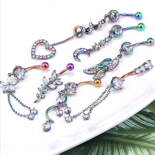 Miniatura 4 de 7PCS 14G 10mm Stainless Steel Dangle Belly Button Rings for Women Belly Piercing CZ Inlaid