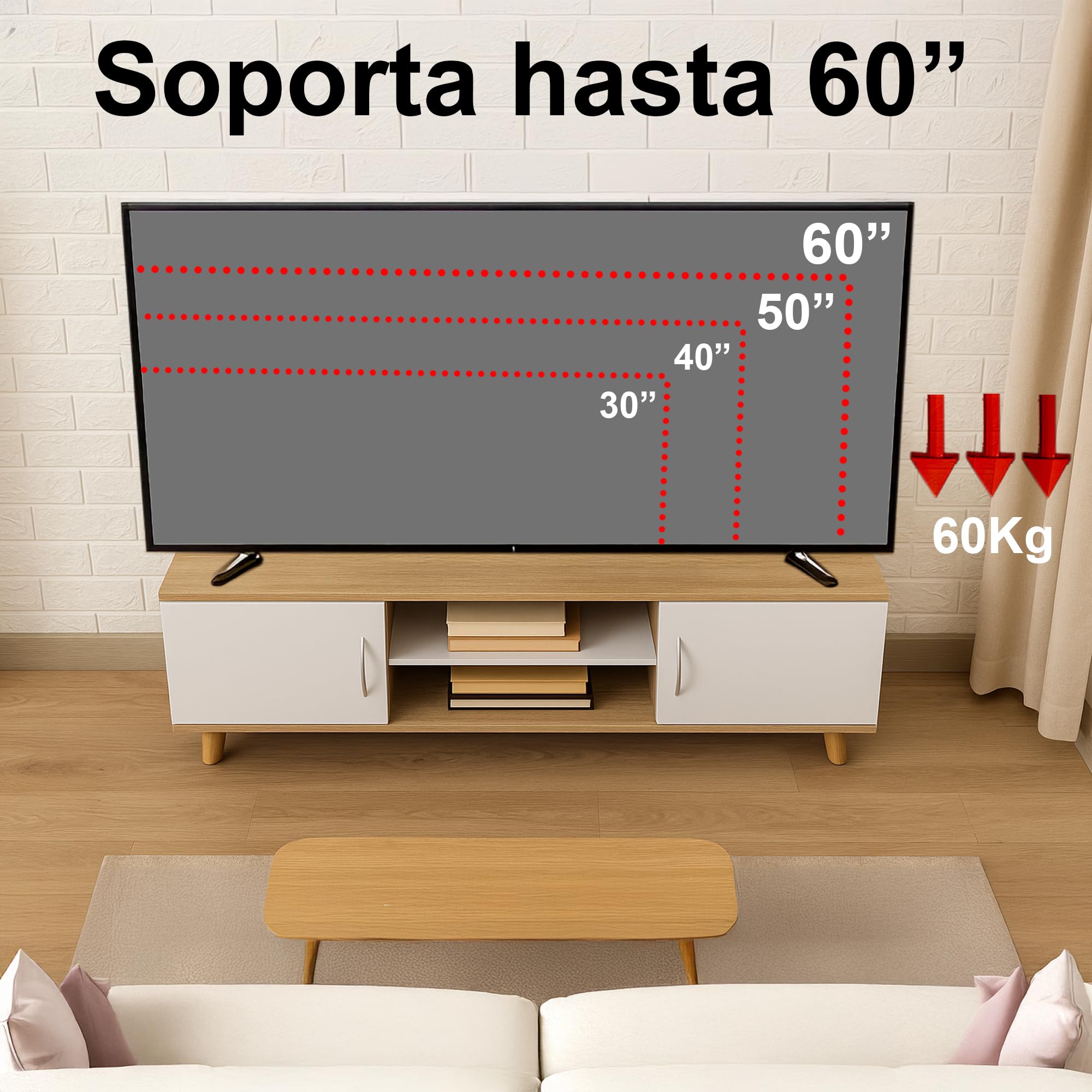 Szafka pod telewizor 120 cm do nowoczesnego salonu, kolor dębowy i biały, stół telewizyjny do 55 cali ze schowkiem, półka i dwoje drzwi, solidna i elegancka biała szafka pod meble, nogi z litego