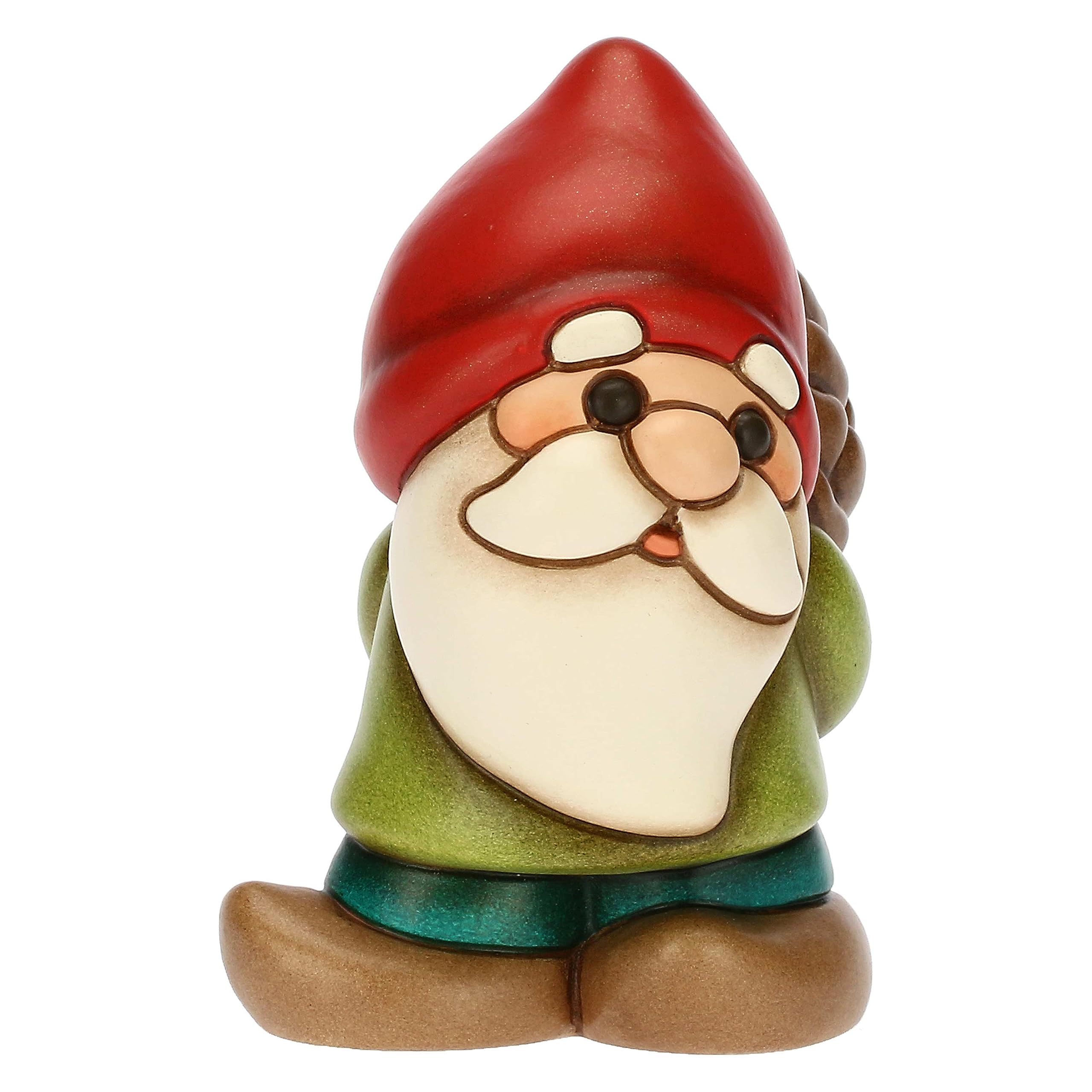 THUN, Gnomo Oliver con Pigna in Ceramica Decorata a Mano, Linea Bosco Magico, 7x5.8x9.5 cm h