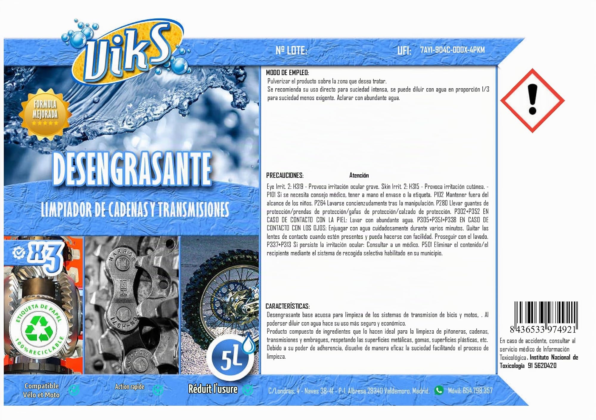 Viks | Dégraissant Chaîne Vélo & Moto | Biodégradable | Enlevez la saleté accumulée sans l’endommager | Convient pour les chaînes et les transmissions | 5 litres