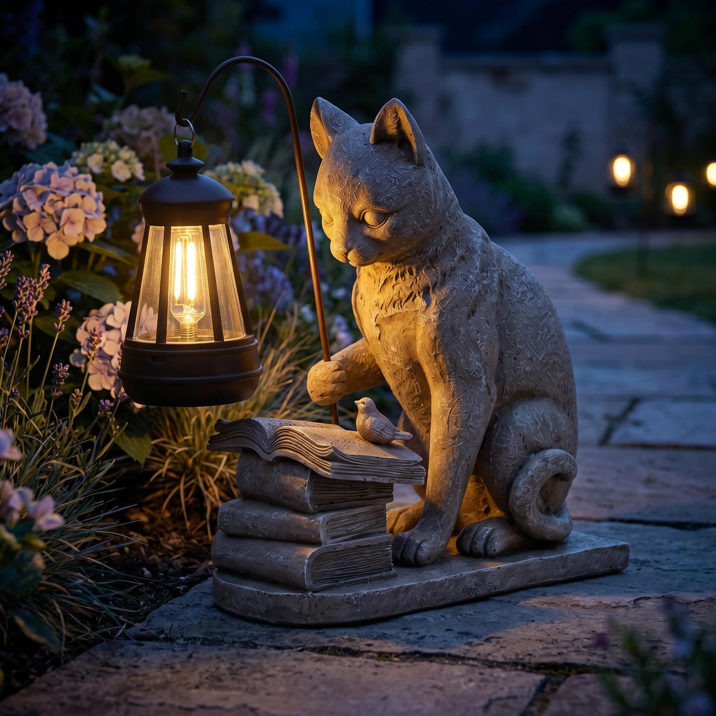 Luci solari per gatti da giardino all'aperto, statua in resina da 8, 3 pollici per gatti con libro di lettura con lanterna solare, figurine decorative impermeabili per patio, decorazioni per prato e b