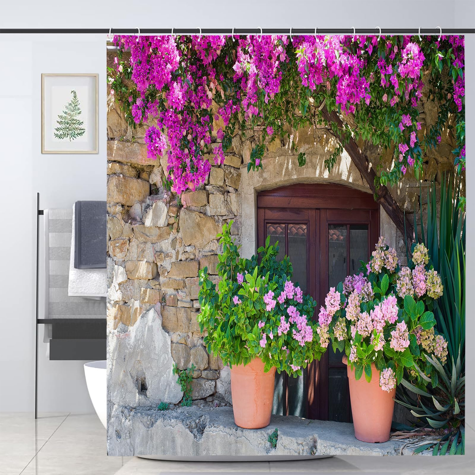 JOOCAR Italian Shower Curtain View of Stonewall House w/ Flowerpot Red Purple Flower in Italy Rural Town Garden Bath Curtain Waterproof Shower Curtains Bathroom Decor 72x72 Inch๏ผPurple Green Beige
