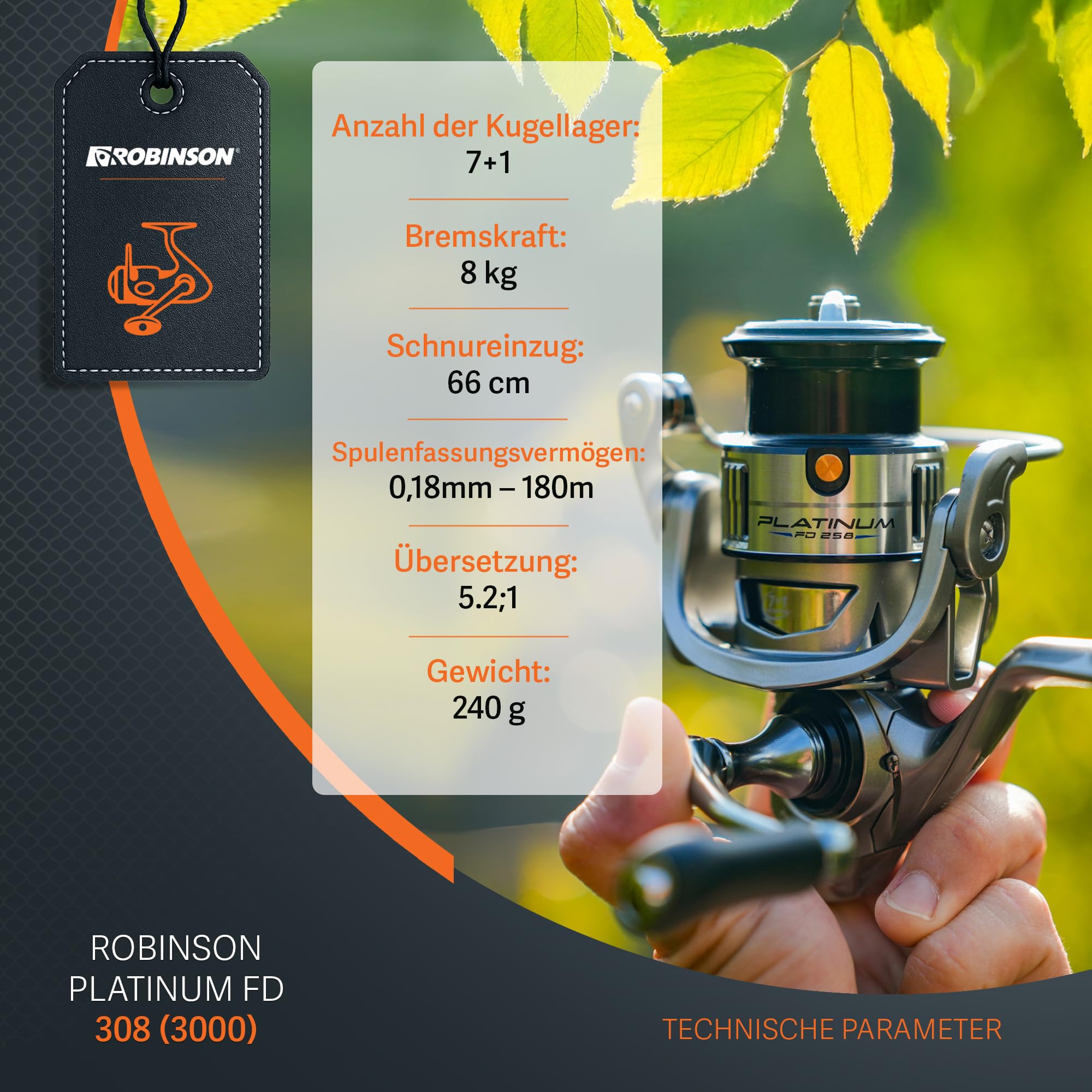 Robinson Angelrolle mit 8 Kugellagern - Rücklaufsperre - Graphitgehäuse - Aluminiumspule - 5.2:1 Übersetzung - 8kg Bremskraft - Spinnrolle - Platinum