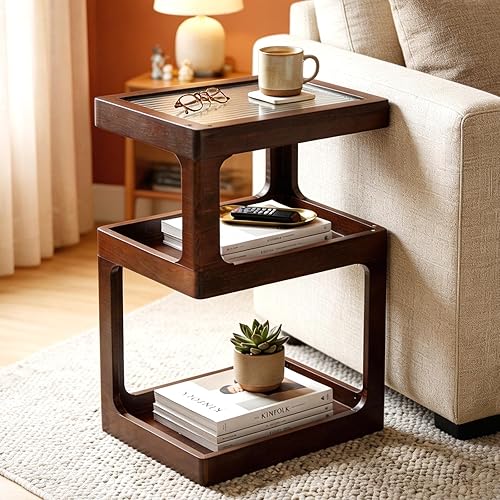 Solid Wood Side Table for Living Room, Narrow 3-Tier End
